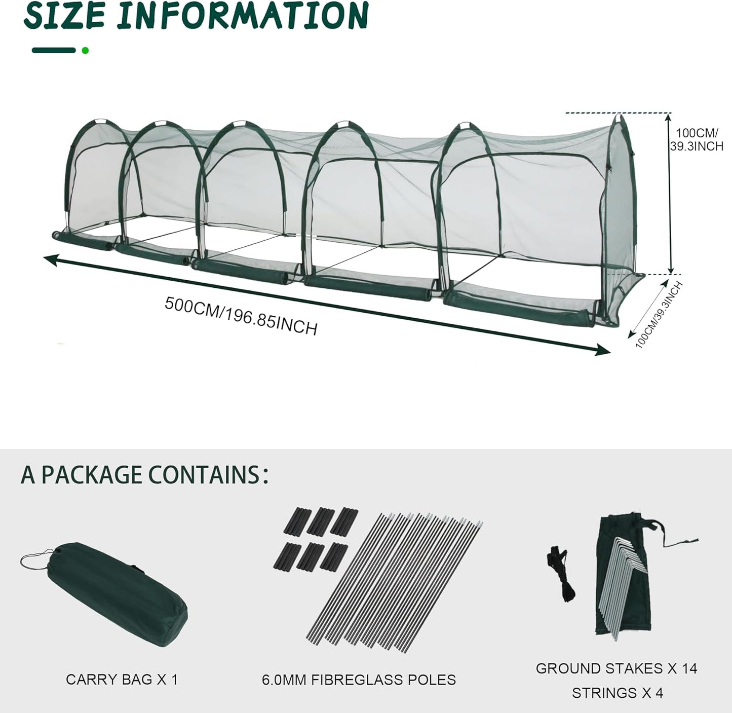 Flexible Net Grow Tunnel - Garden Greenhouse Mesh Cover Growhouse Cloche for Protecting Fruit Vegetables Plants Cultivation (5M)