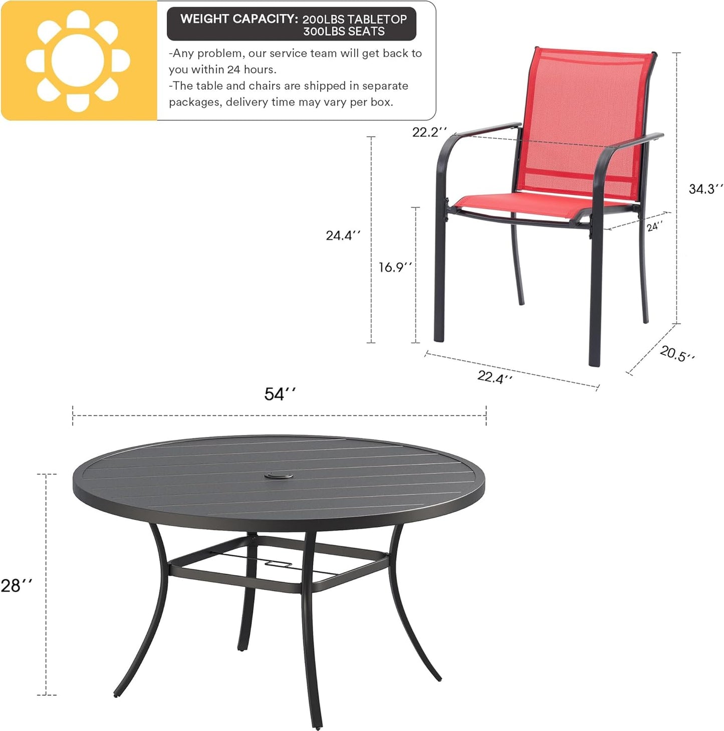 VICLLAX Patio Dining Set for 8, Outdoor Furniture Set Includes 53" Round Patio Table and 8 Patio Sling Chairs, Black Tabletop and Red Fabric