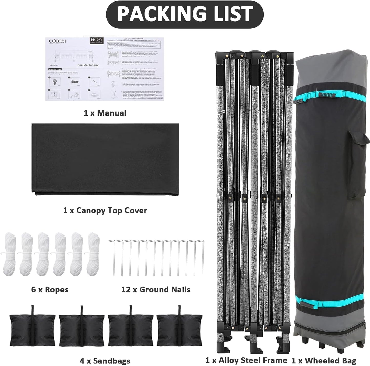 COBIZI 10x20 Pop Up Canopy Without Sidewall,Heavy Duty Canopy UPF 50+ All Season Wind Waterproof Commercial Outdoor Wedding Party Tents for Parties Canopy Gazebo with Roller Bag(10 x 20 ft Black)