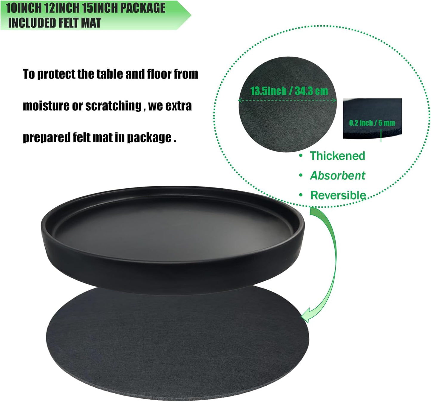 Ceramic Plant Saucer Black Deep Pot Tray - 1 Pack 15 inch, Planter Saucers Water Drip Trays for Indoors Outdoor, Thick Durable Sturdy Flower Pot Saucers for Glazing Pots Base(15"/13.5"-Size)