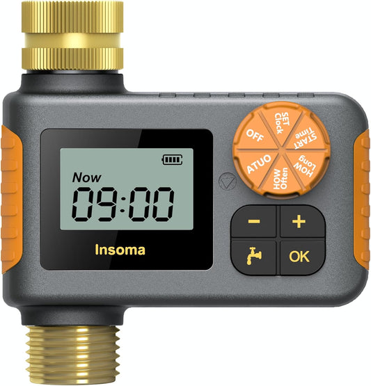 Digital Water Timer 1 Zone Brass Inlet & Outlet, Programmable Water Timer for Garden Hose, Automatic Control | Manual ON/Off | Rain Delay for Outdoor Faucet, Drip Irrigation and Lawn Watering System