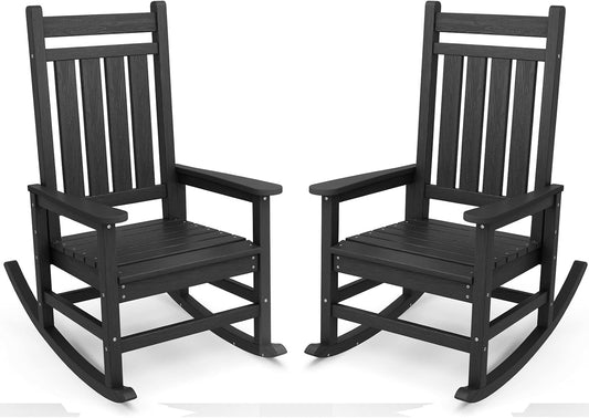 SERWALL Outdoor Rocking Chair Set of 2, HDPE Rocking Chairs for Adult, Black