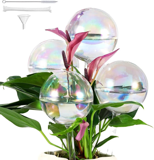 4PCS Extra Large Plant Watering Globes, 13 oz Up to 15 Days Light Iridescent Glass Self Water Bulbs for Indoor Outdoor Plants, Vacation Automatic Planter Waterer System Self-Watering Stakes