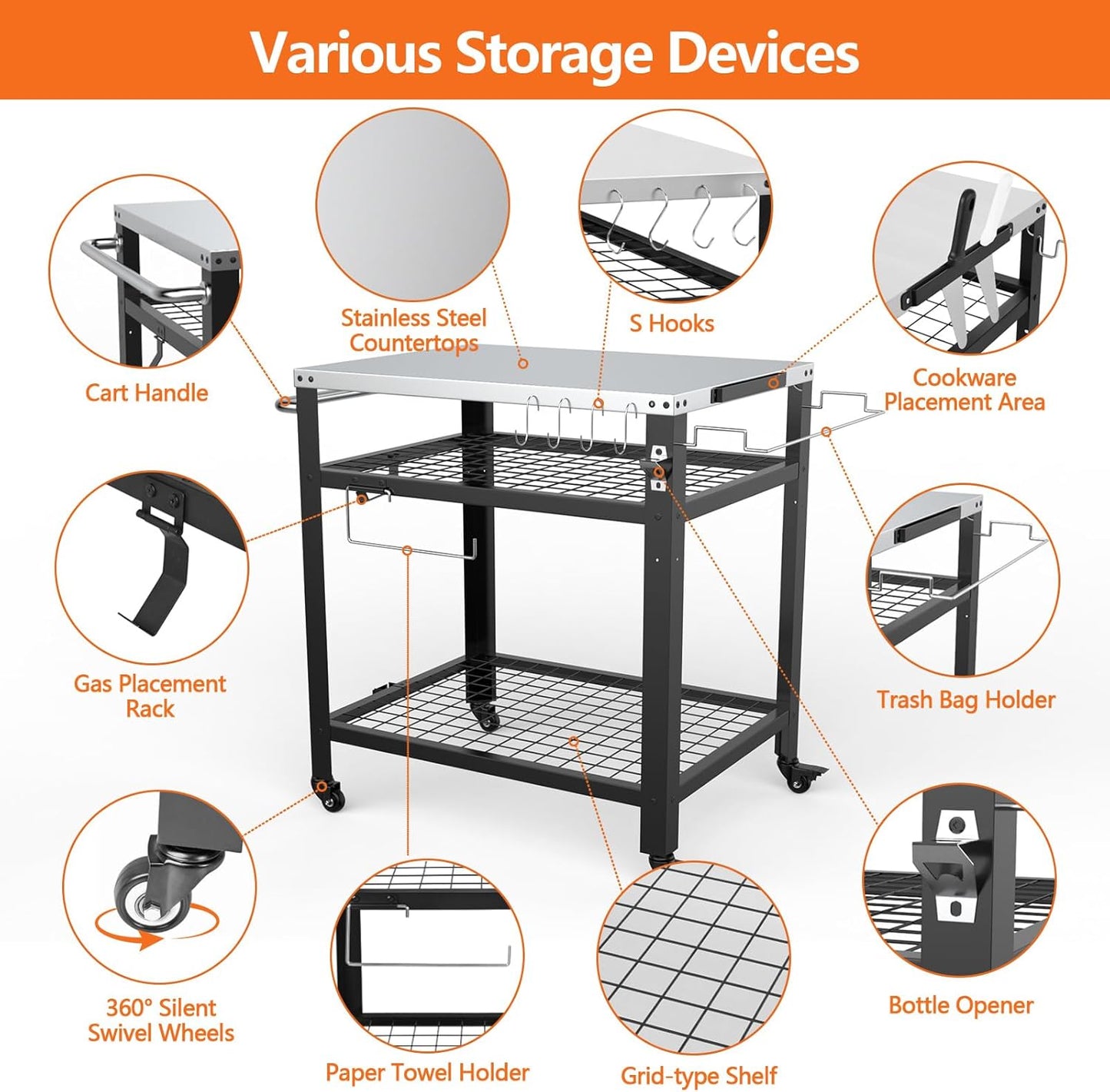 Stainless Steel Pizza Oven Table for Ooni, 650lbs Outdoor Grill Cart with Wheels and Handle, 32"x 24" Three-Shelf Food Prep Cart for Griddle, Movable Outdoor Pizza Cart