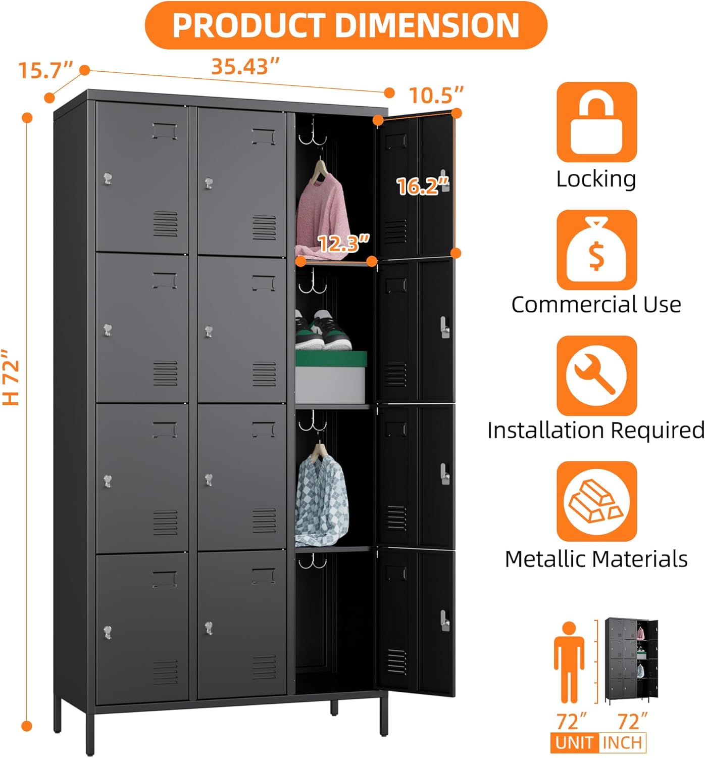 12 Doors Metal Lockers for Employees with 12 Hooks, Storage Locker with Business Card Holder for Office Gym School Bedroom, Assembly Required, Black
