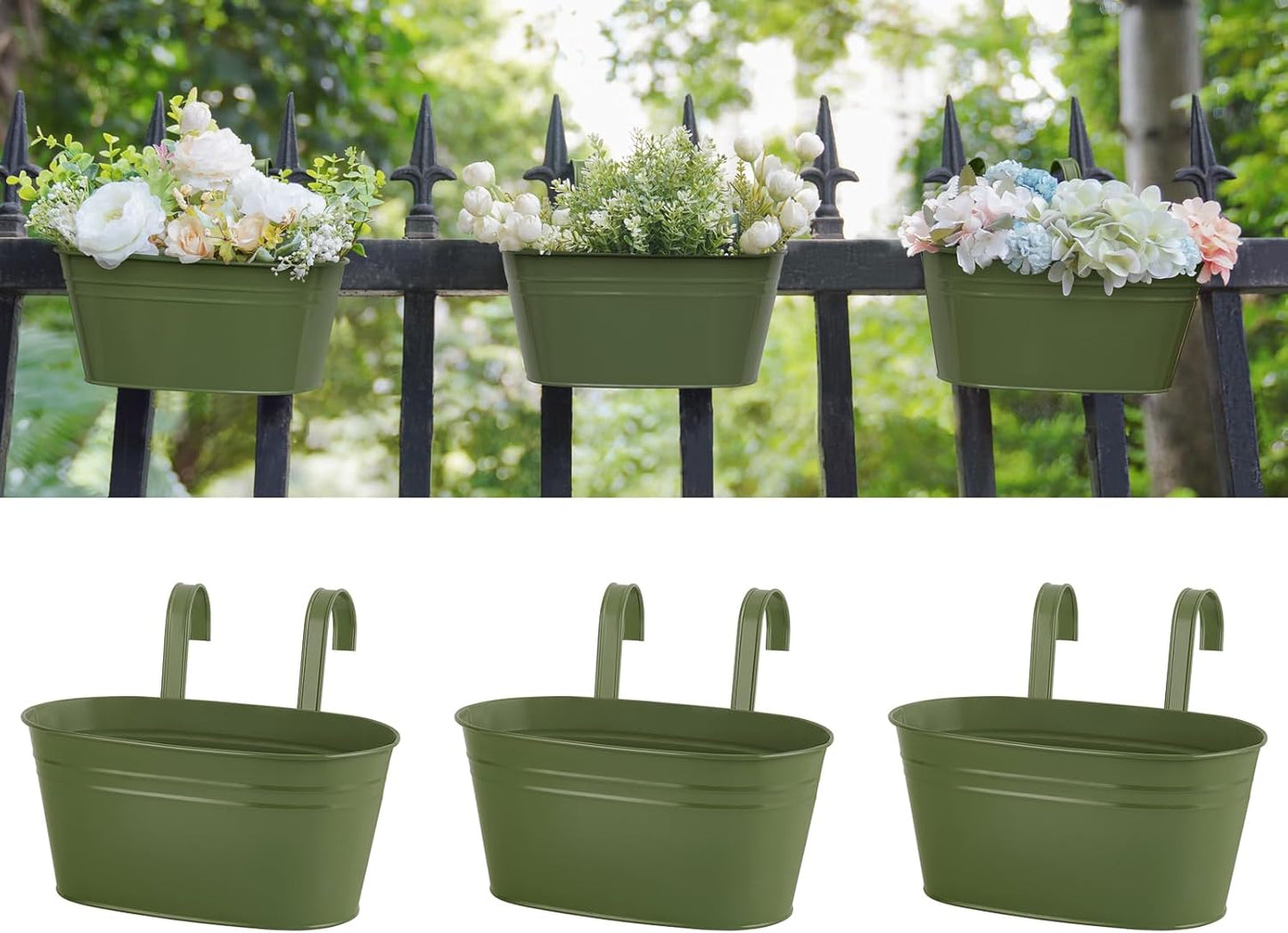 Dahey Metal Iron Hanging Flower Pots for Railing Fence Hanging Bucket Pots Countryside Style Outdoor Planter Window Flower Plant Holder with Detachable Hooks Home Decor,Green,3 Pcs