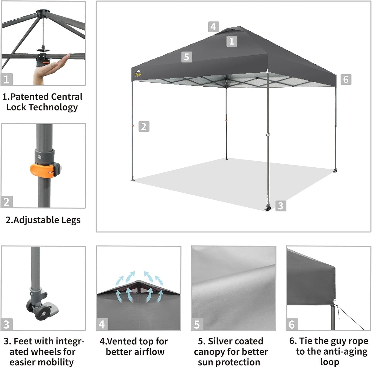 CROWN SHADES Adjustable Height on The Fly, 10x10 Pop Up Canopy - Beach Tent with One Push Setup - Easy Outdoor Sun Shade for Events, Parties, Camping - Outside Shade with STO-N-Go Bag, Grey