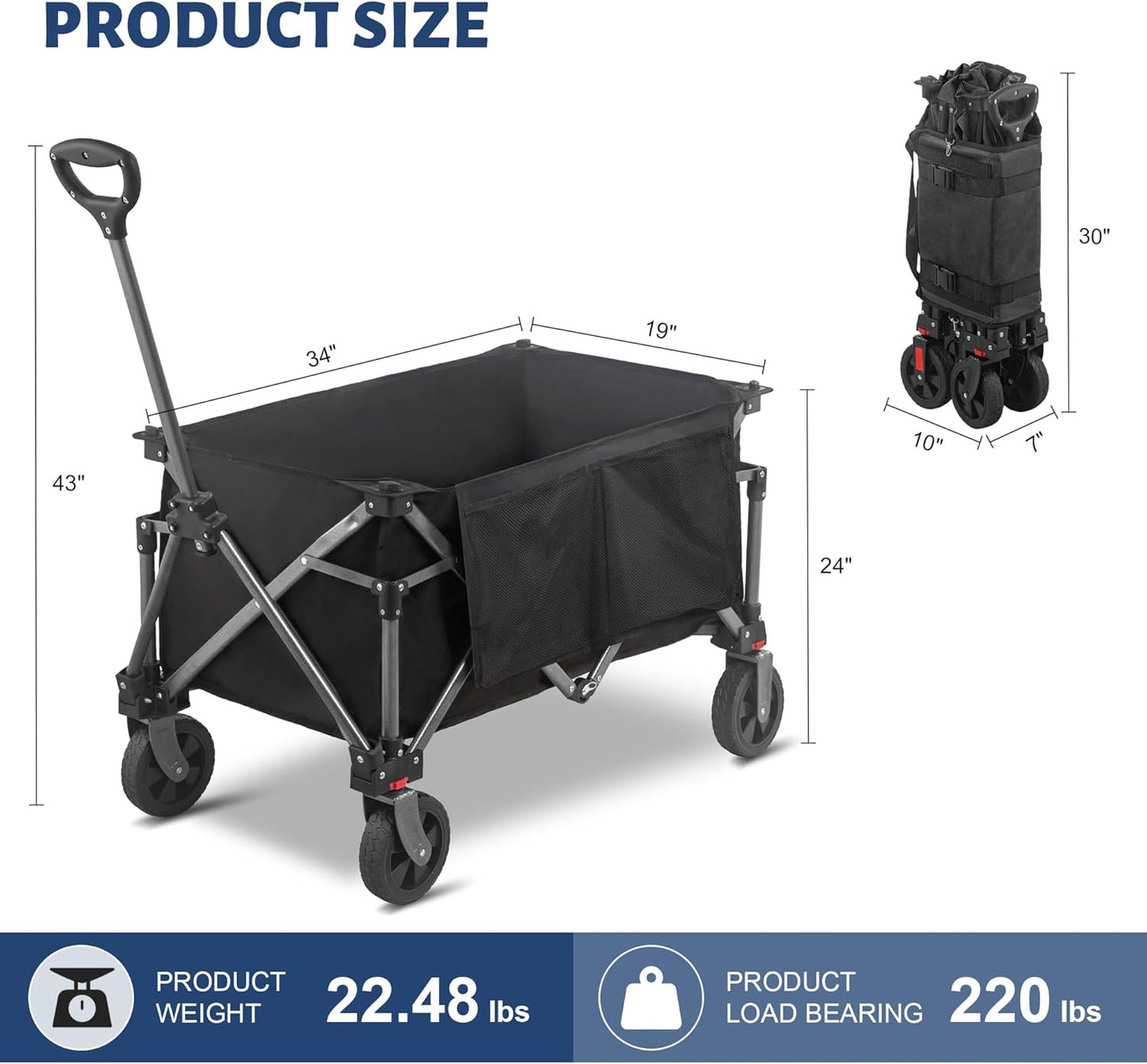 Collapsible Folding Wagon Cart, 220LBS Heavy Duty Foldable Utility Garden Cart with All Terrain Wheels & Side Storage Bag, Portable Sports Wagon for Camping, Shopping, Garden (Black)
