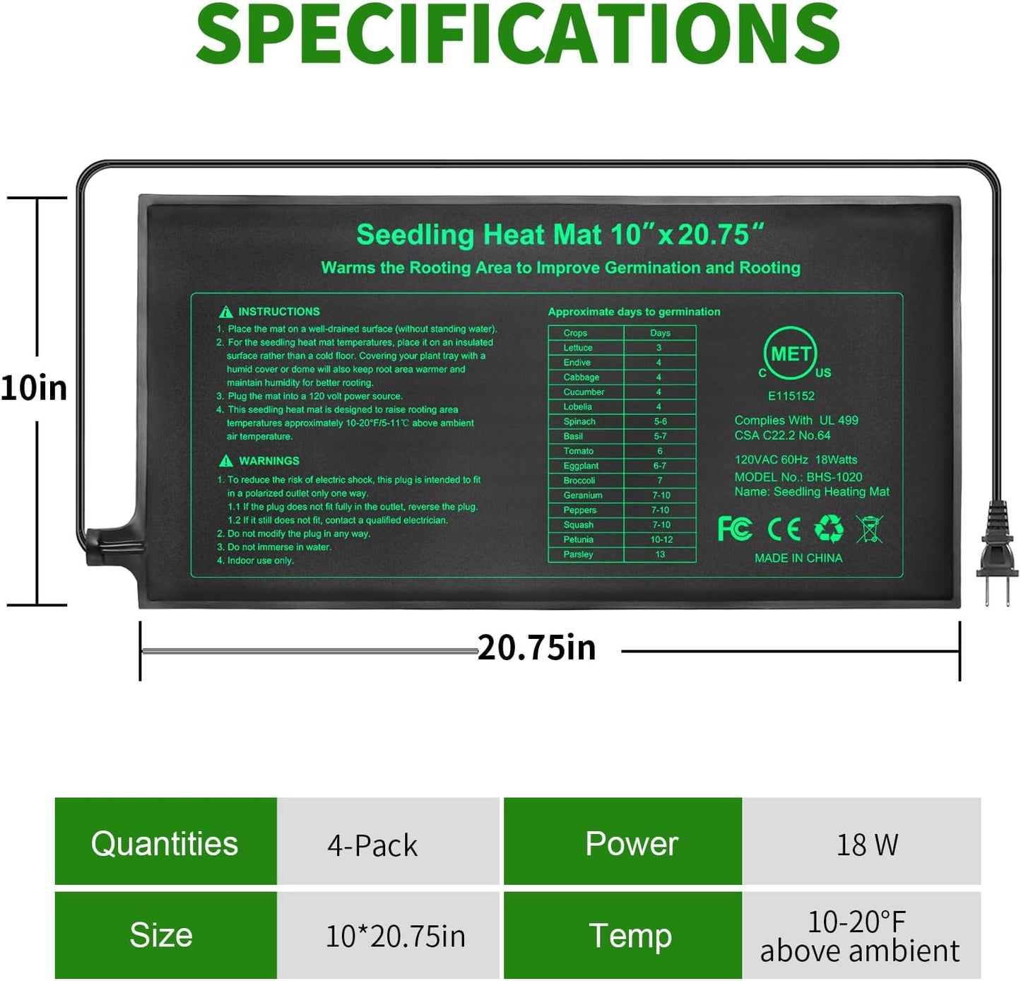 Bestio Seedling Heat Mat 4 Pack,Waterproof heating mat 10" x 20.75",MET Certified Heat Mats for Seed Starting,Germination Heat Mat for Hydroponic and Greenhouse