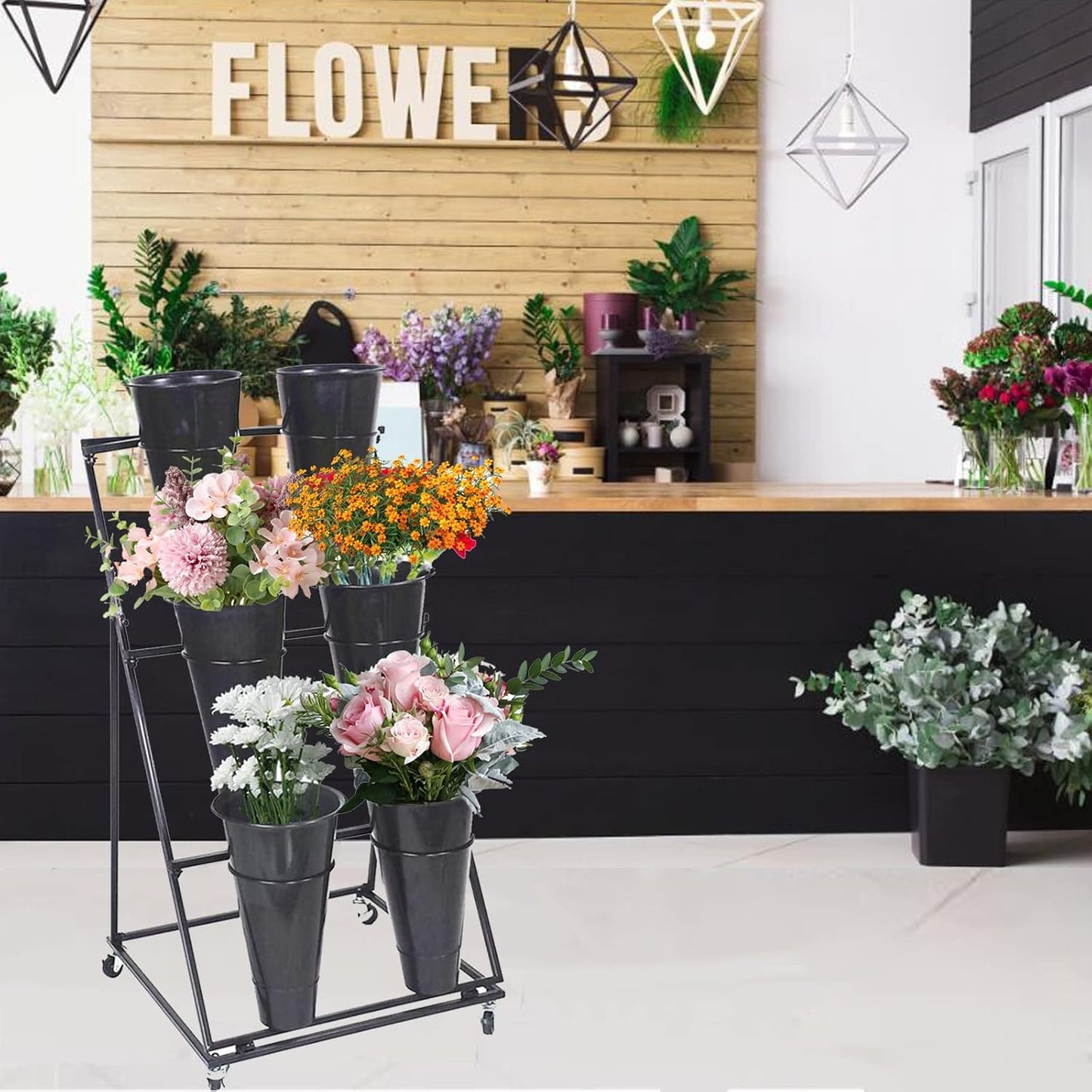 Flower Display Stand, 3-Layer Heavy-Duty Mobile Plant Cart shelve with Wheels, with Plastic Buckets, Easy to Install, Suitable for Indoor and Outdoor Balcony Courtyard Garden Art Exhibitions