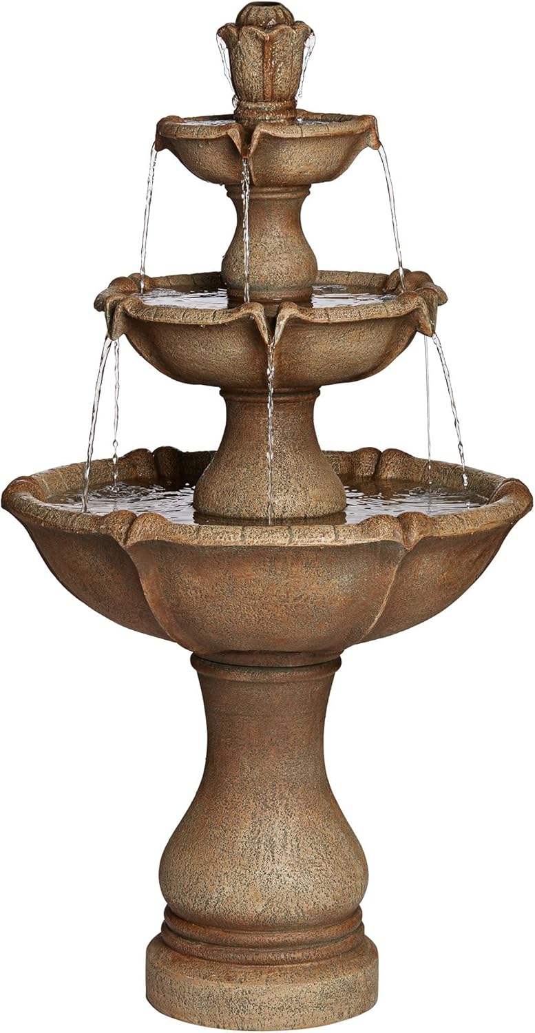 Arosco Modern Rustic Outdoor Floor Water Fountain with Light LED 43" High 3-Tiered Resin for Garden Patio Yard Deck Home Lawn Porch House Relaxation Exterior - John Timberland