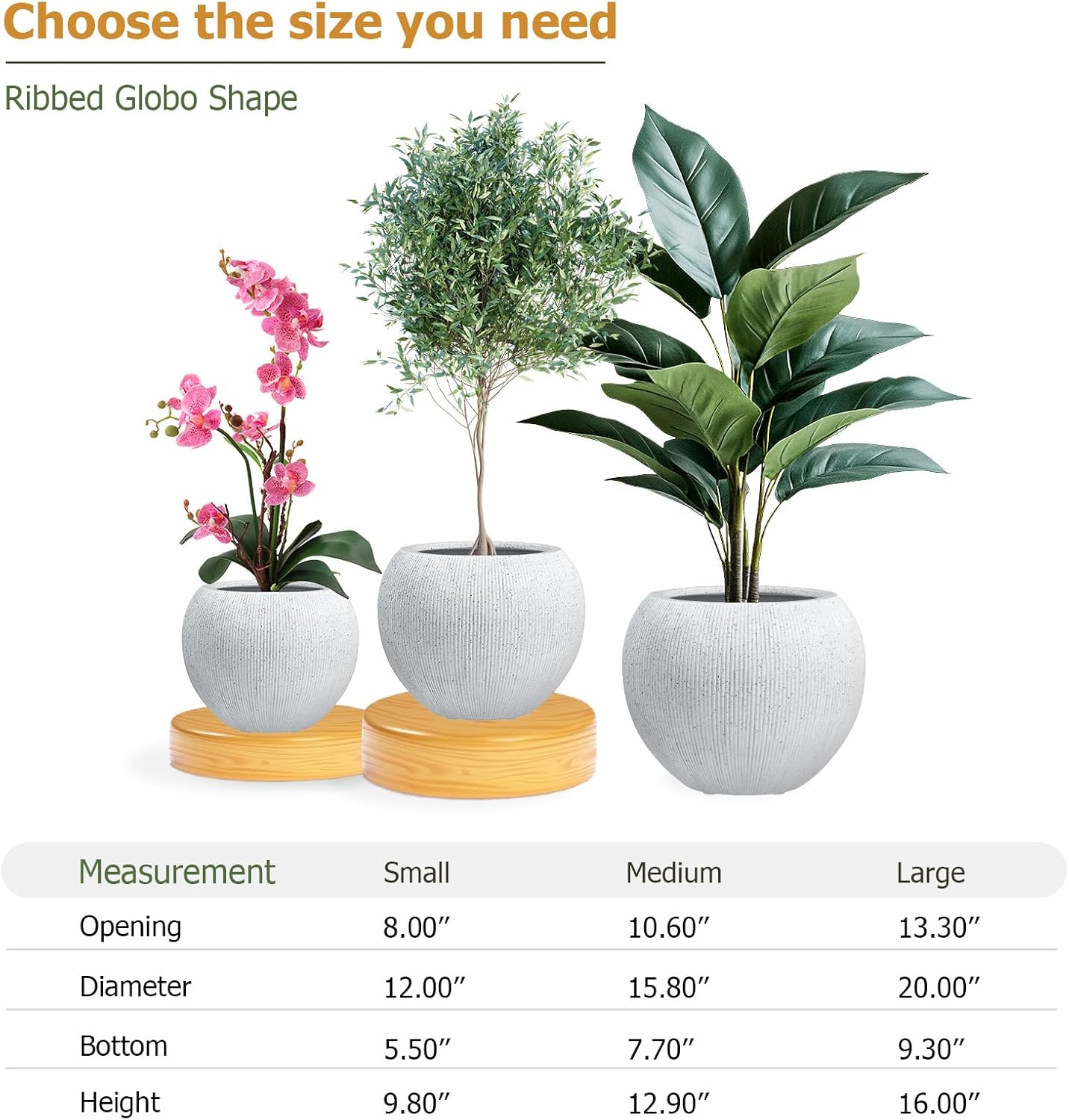 9.7" H x 12" D Globo Fiberstone Round Planter with Drainage Hole, Weather Resistant, Ribbed Finish, Planters for Indoor Plants & Outdoor, Extra Coco Mats (Speckled White, 7.8" Pot Opening)