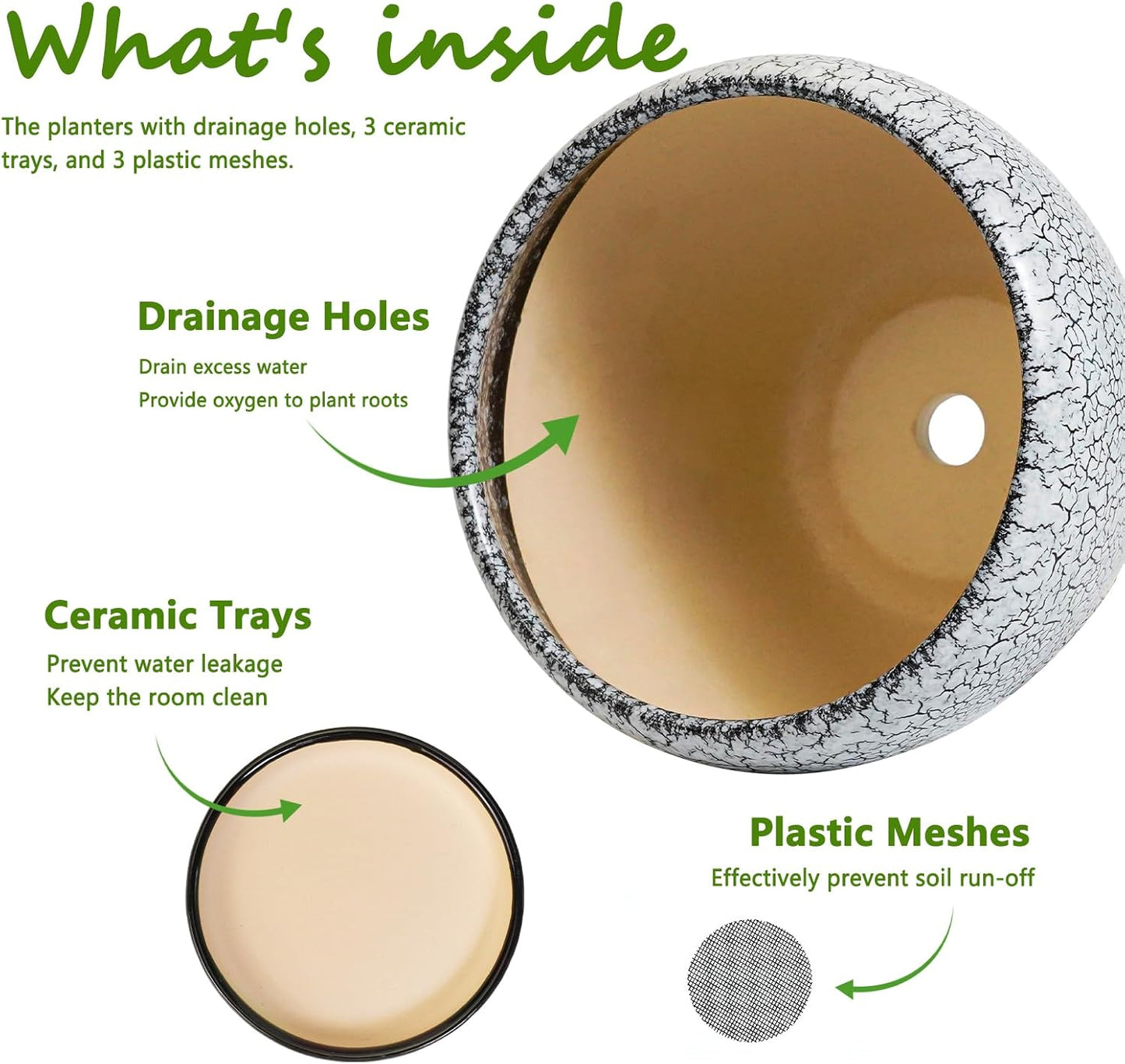 Ceramic Plant Pots Set of 3, 10+8+6 Inch Modern Round Flower Planters with Drainage Holes and Plant Saucers for Indoor Outdoor, Home Garden Room Porch Decor, Plant Lover Gifts, White-Black