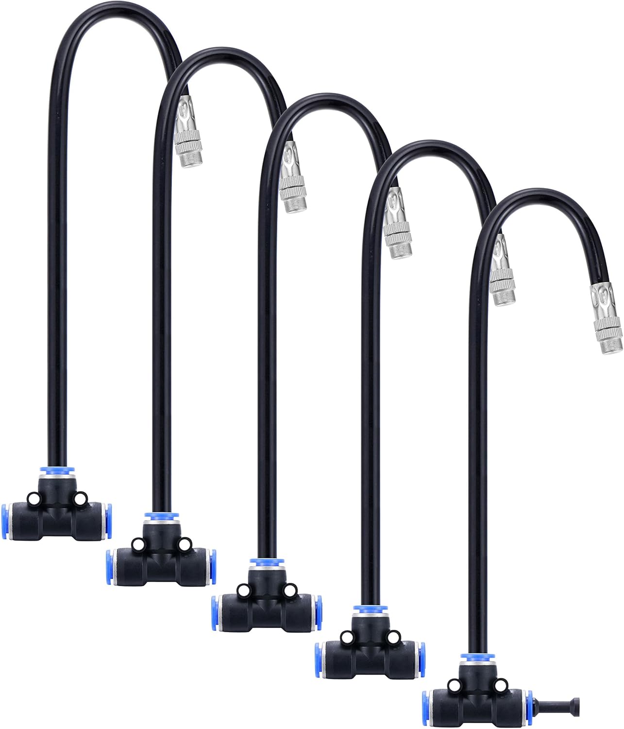 Mornajina 5 Packs Brass Misting Nozzles Tee with 20 inch Built in Hose for Outside Misting System, Adjustable 360° Rotation, Water Mister Nozzles Thread Sprayer 0.043" (1.1 mm)