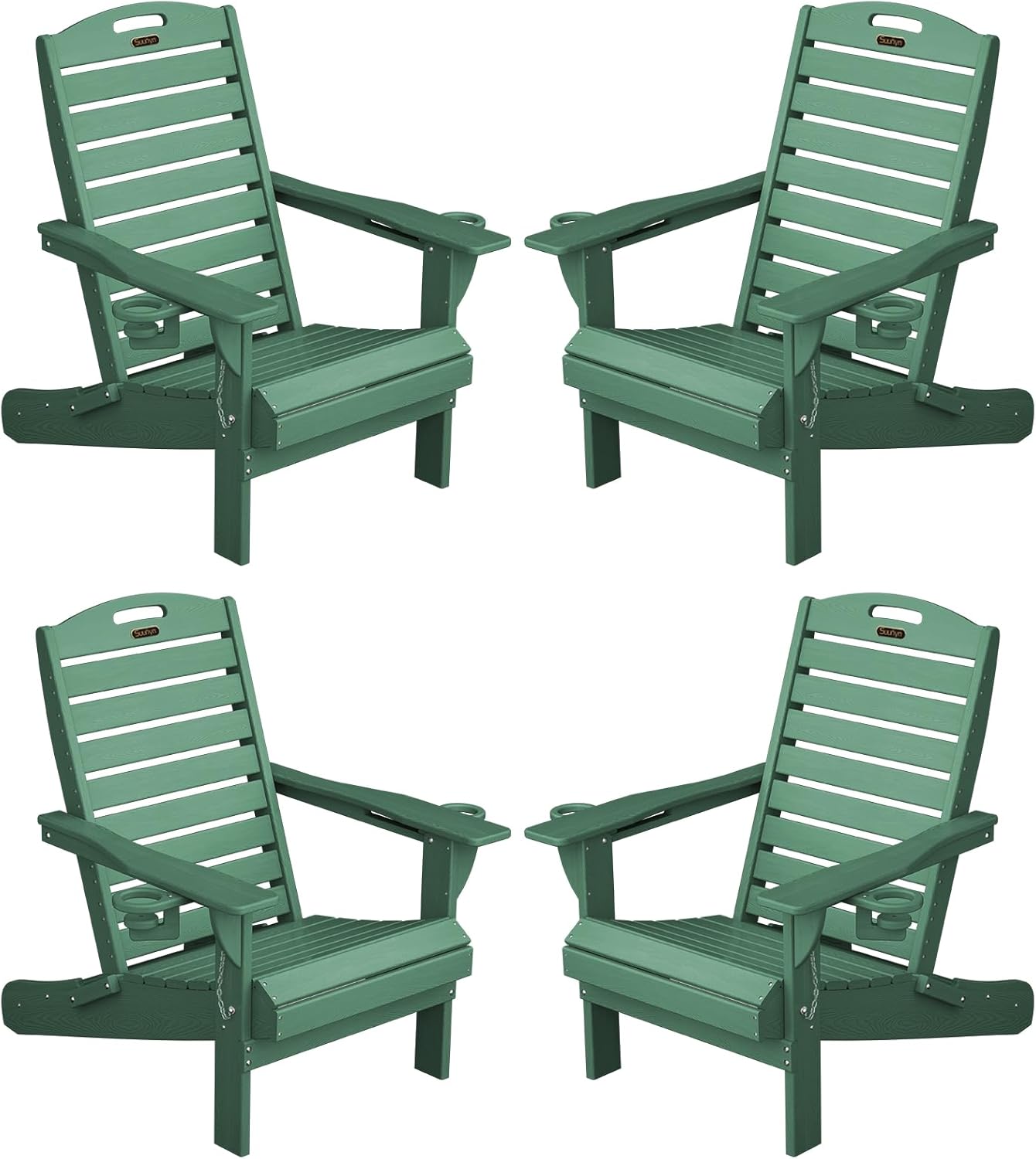 Adirondack Chairs Set of 4, Outdoor Fire Pit Chairs, HDPE All-Weather Adirondack Chairs with Cup Holder, Lawn Chair for Deck, Patio, Garden (Green)