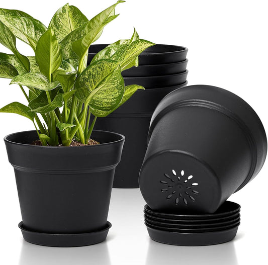 T4U 7.5 Inch Plant Pots 6 Pcs, Flower Pots for Indoor Plants Plastic Pots for Plants with Drainage Holes and Saucer, Planters for Indoor Plants for House Cactus Succulent Black