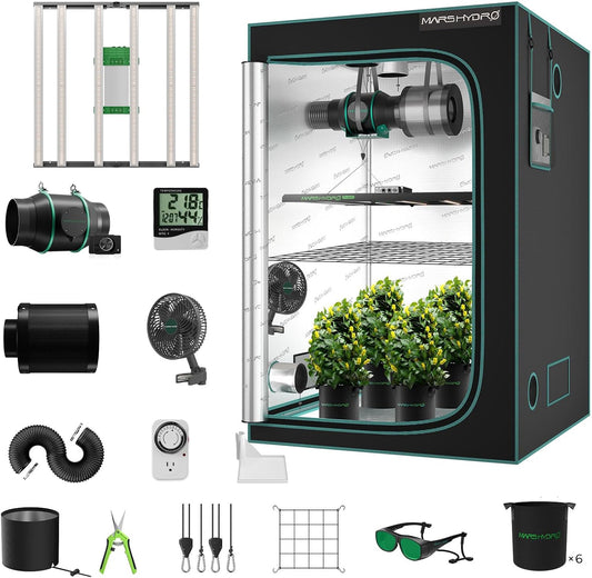 MARS HYDRO 4x4 Smart Grow Tent Kit Complete System,480W FC-E4800 APP WIFI Control Light 2646pcs LED,1680D High Reflective Mylar,with 6inch 32dB,402CFM Adjustable Ventilation Kit,10 Speed Grow Tent Fan