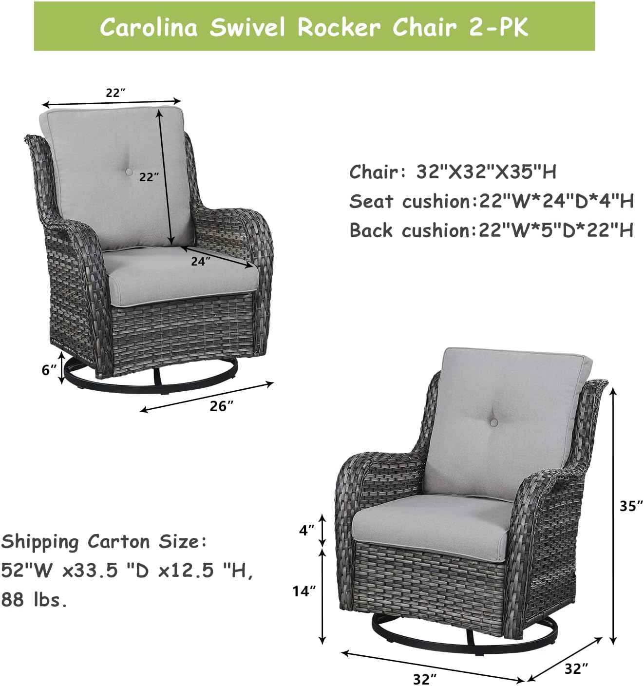 Outdoor Patio Swivel Rocker Chairs - Single Wicker Rattan Patio Swivel Rocking Chair with High Back,Deep Seating and Comfort Cushions for Deck Porch Garden,Mixed Grey/Beige