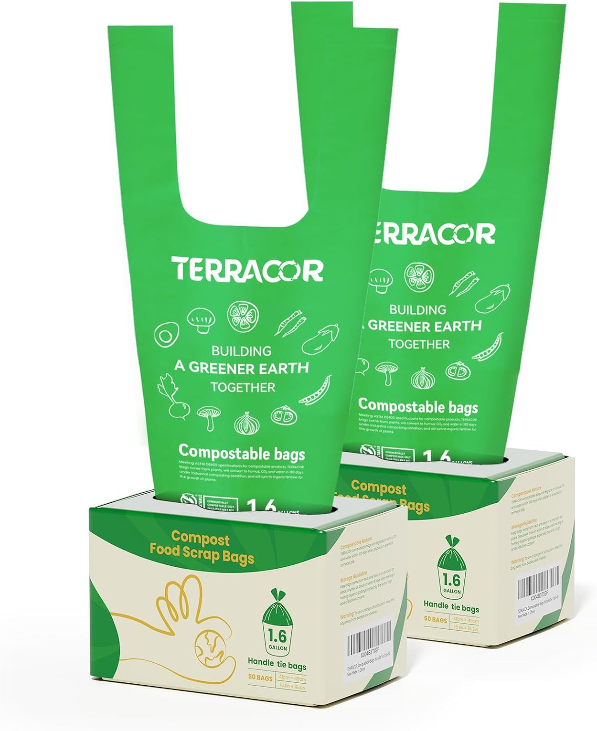 1.6 Gallon Compostable Food Scrap Bags Handle Tie for Kitchen Countertop Bin, 6 Liter Small Compost Bags, 100 Count (Pack of 2), BPI Certified and Meet The ASTM D6400 Standard