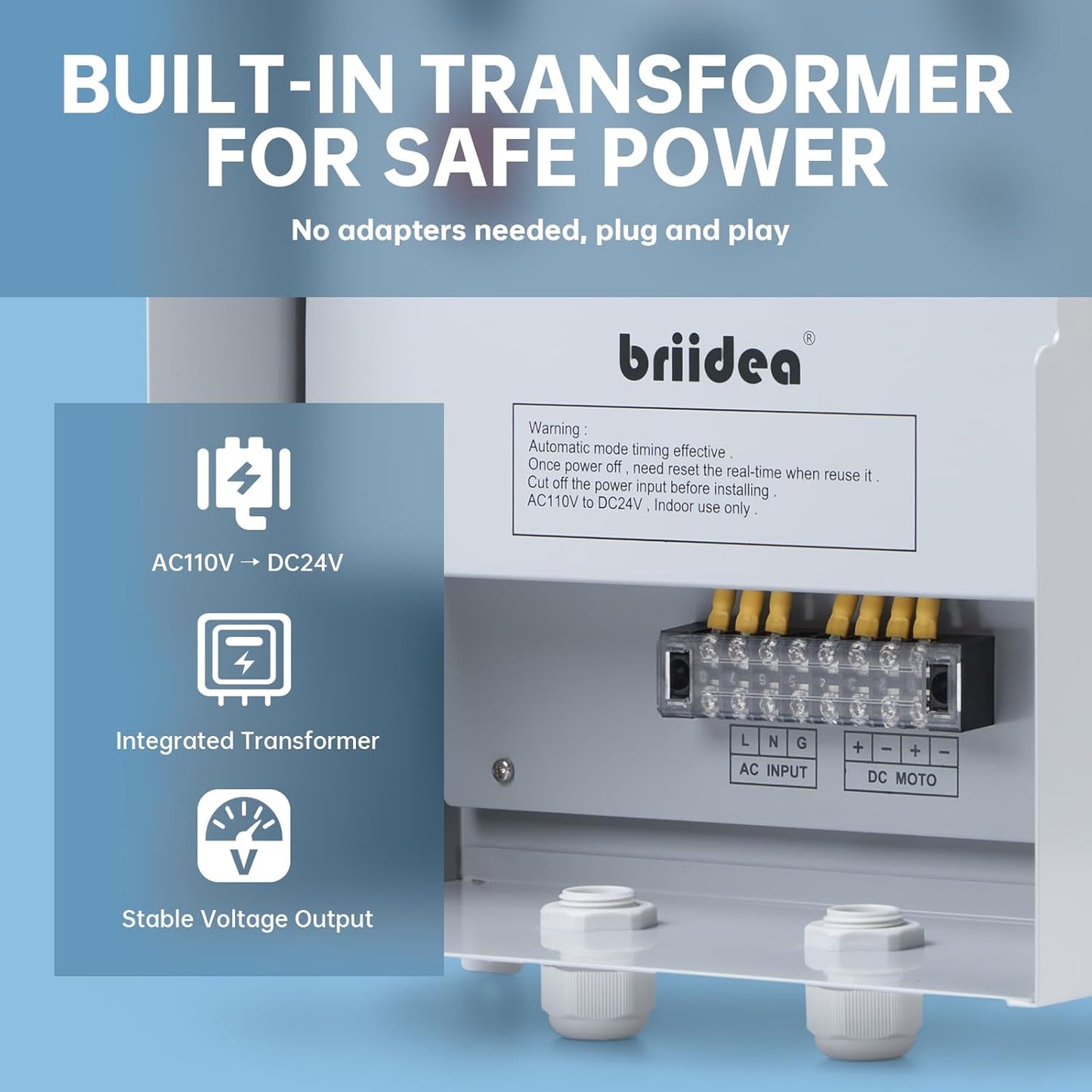 Briidea Greenhouse Roll Up Motor Timer Controller, 7-Day Programmable, AC110V to DC24V Transformer, Auto/Manual Modes, Dual Output for Side & Roof Curtain Film Roll-Up, IP65 Waterproof