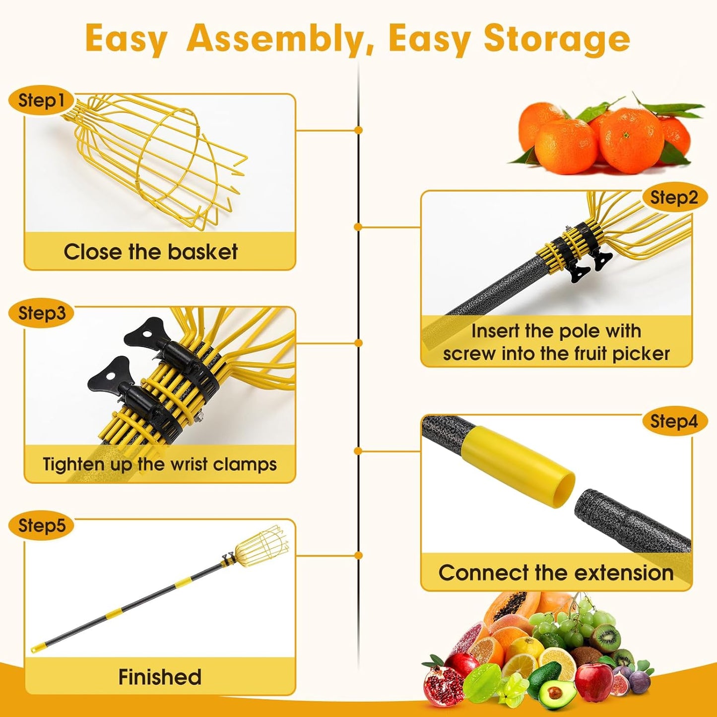 Apple Picker,156 Inch Long Handle Fruit Picker Pole with Basket for High Fruit Tree,Splicing Adjustable Apple Fruit Picker Pole for Pear,Orange,Peach,Lemon,Plum,Mango Tall Trees Fruit Grabber