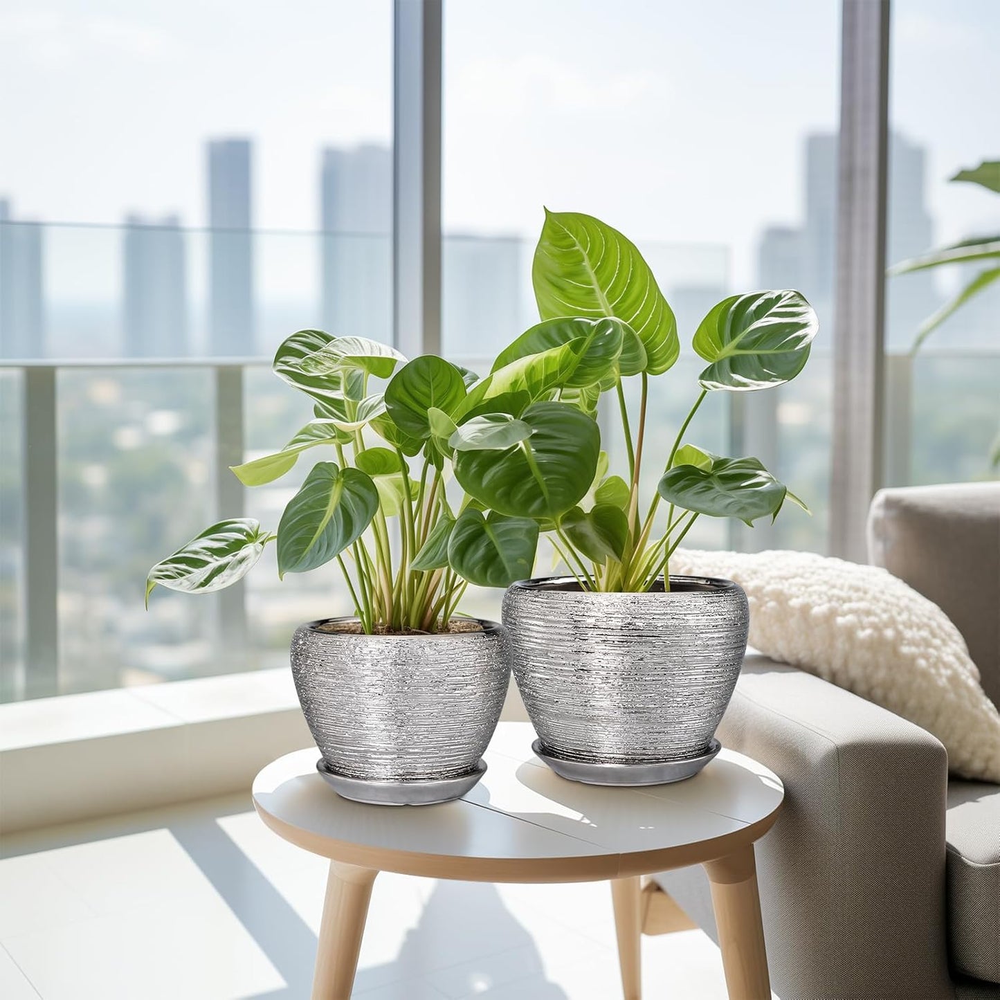 Ceramic Planters - 10 Inch 8 Inch 6 Inch Plant Pots Indoor with Drainage Holes and Saucer Mid-Century Large Planters Outdoor Flower Pots for Home Decor Set of 3 Silver