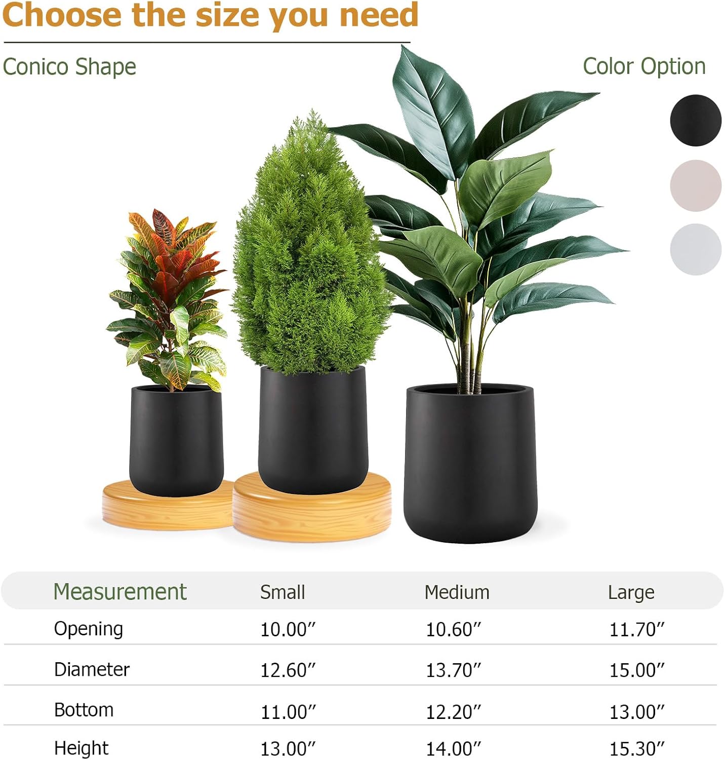15.3" H x 15" D Conico Fiberstone Round Planter with Drainage Hole, Smooth Finishes, Weather Resistant for Indoor and Outdoor Use, Included 2 Extra Coco Mats (Black, 11.7" Pot Opening)