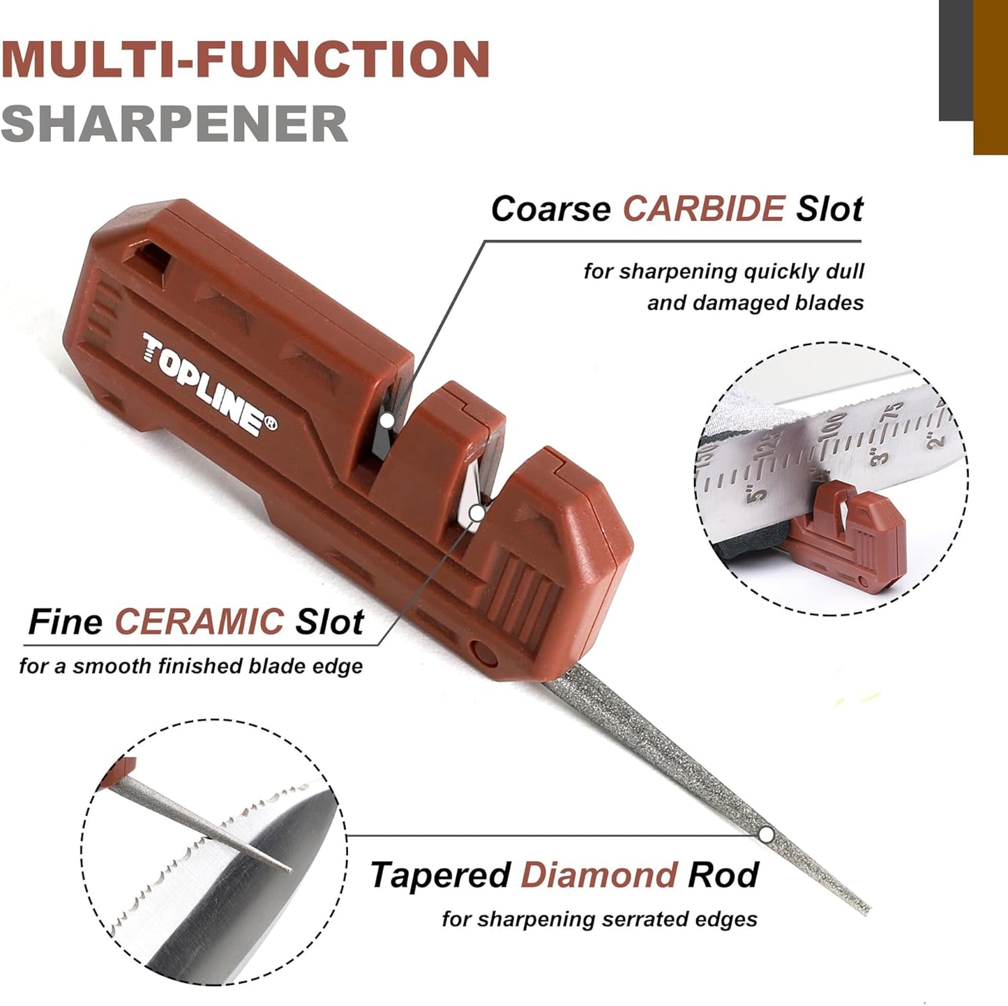 Topline Hori Hori Garden Knife, Double-edge Stainless Steel Blade, Garden Knife with Leather Sheath for Digging, Weeding, Planting, Sharpener, Sharpening Stone Included