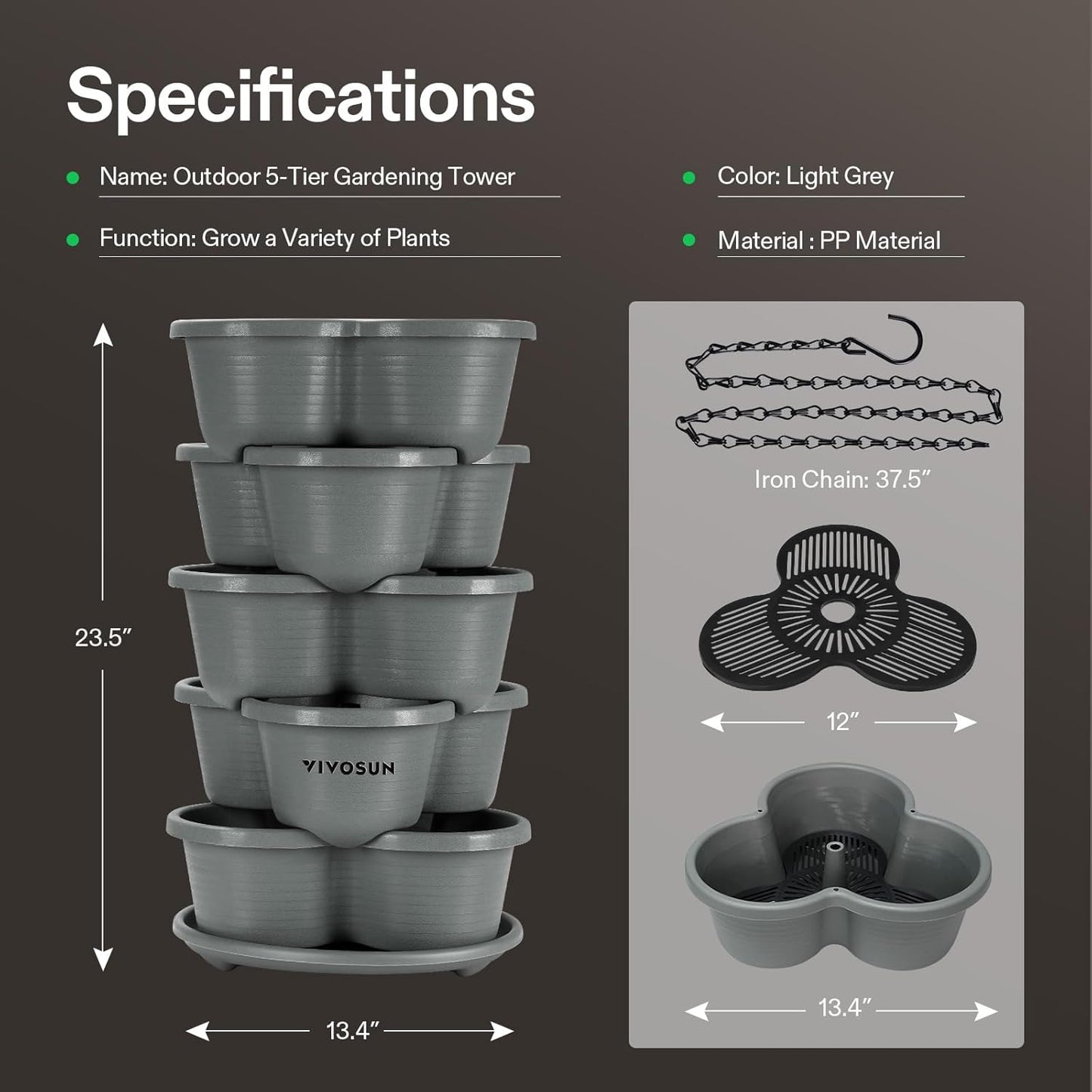 VIVOSUN 2-Pack 5 Tier Vertical Gardening Stackable Planter for Strawberries, Flowers, Herbs, Vegetables, Grey