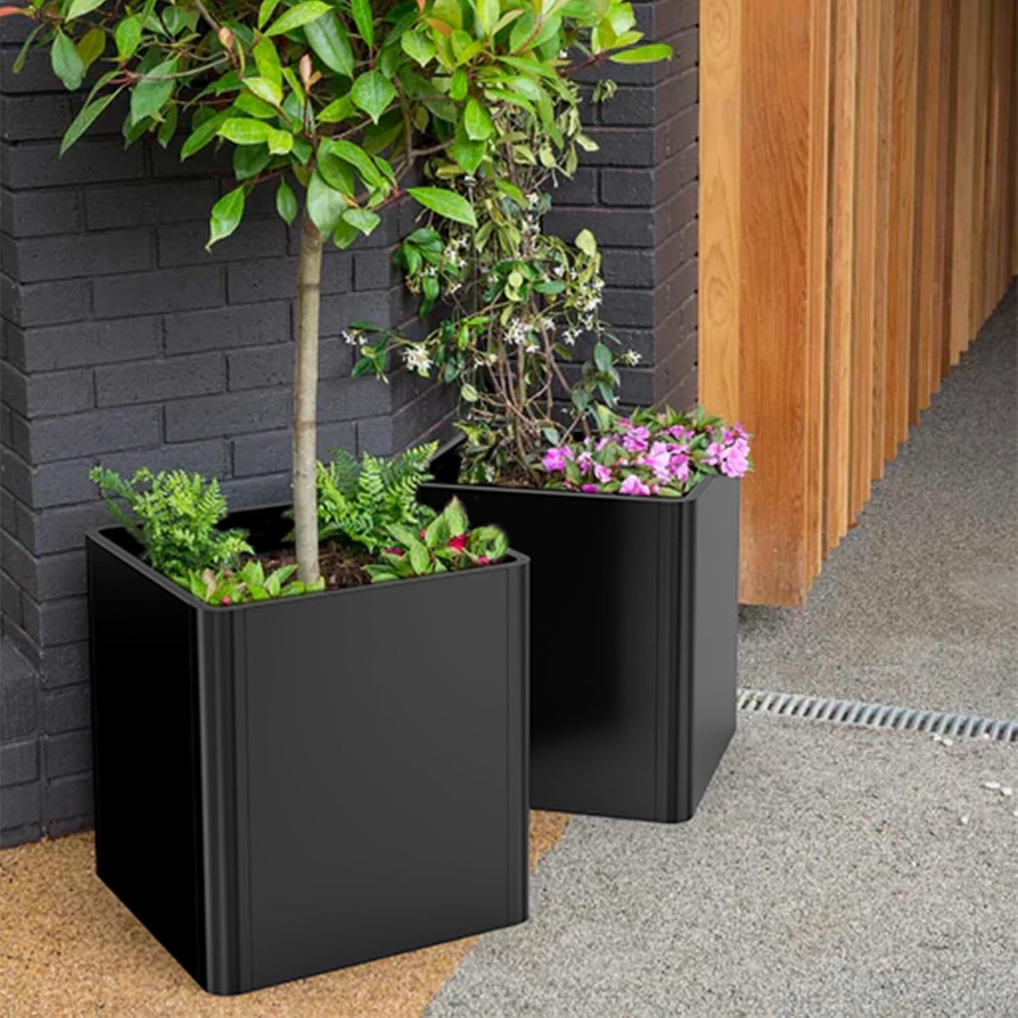 Metal Square Planter Box, Galvanized Steel Planters for Outdoor Plants, 20"x 20"x 21" Black Large Outdoor Planters with Drainage Hole for Porch/Patio/Garden