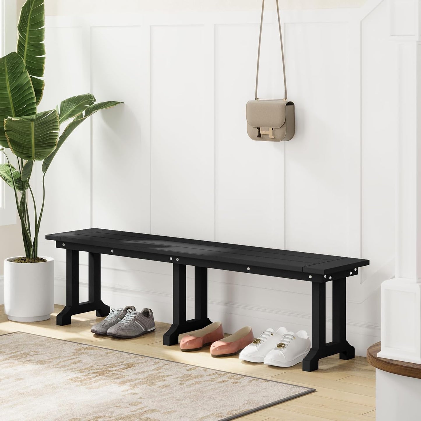 Outdoor Benches Weatherproof, Park Long Bench Poly Lumber Backless for Entryway Front Porch Garden Bench Seat for Patio, Black