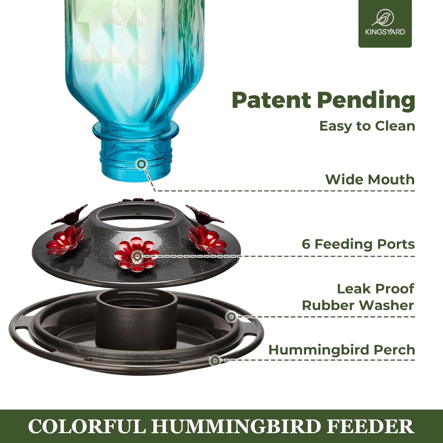 Kingsyard 2 Pack Glass Hummingbird Feeder for Outdoor Hanging, 24 Ounces, 6 Feeding Ports, Bird Nectar Feeder for Garden Décor, Ant Moat Included, Green & Blue