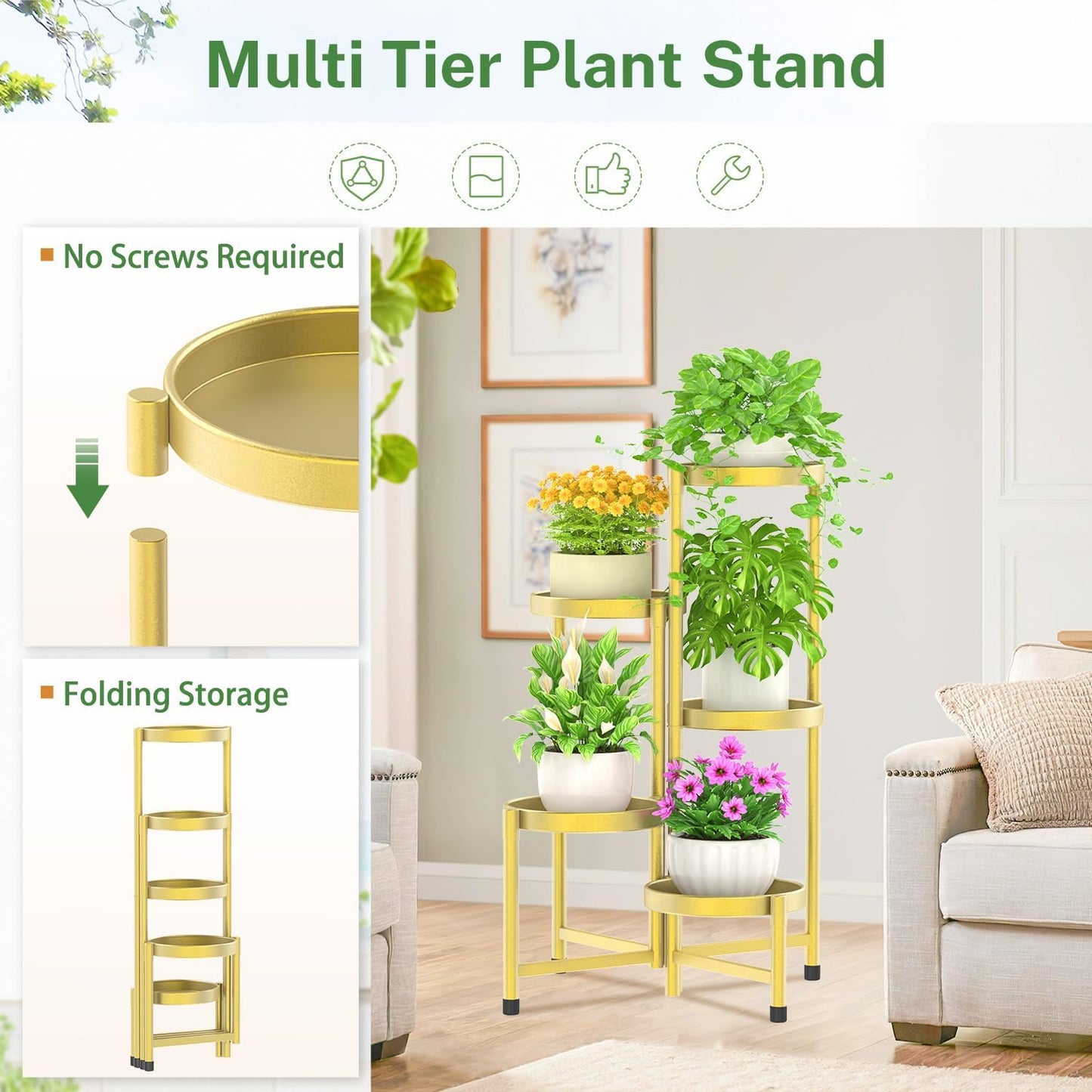 iDavosic.ly Plant Stand Indoor Outdoor, 5 Tier Corner Metal Flower Display Holder Shelf, Folding Tall Orchid Rack for Patio Balcony Porch Garden Living Room House, Gold