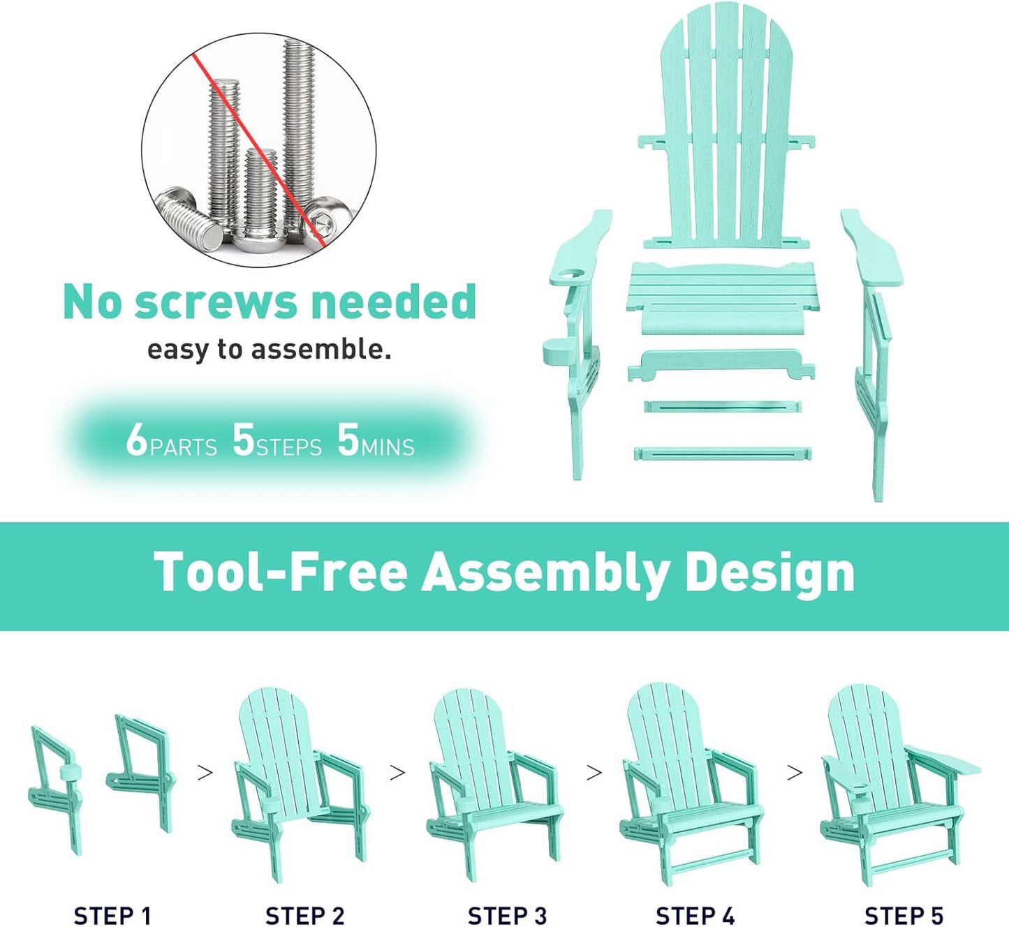 Adirondack Chairs Set of 2, Tool-Free Assembly All-Weather Plastic Adirondack Chairs, HDPE Fire Pit Chairs with Cup Holder, Outdoor Chair for Patio Garden (Aruba)