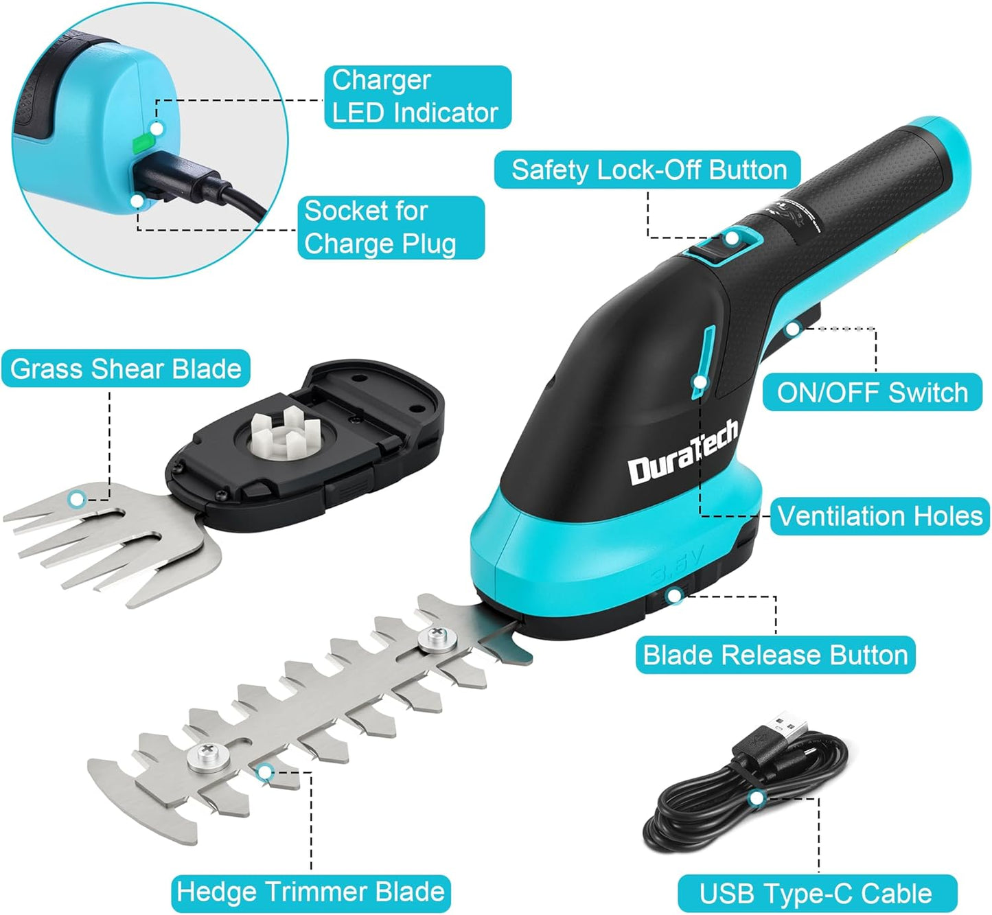 DURATECH Cordless Hedge Trimmer, 3.6V 2-in-1 Handheld Rechargeable Grass Trimmer & Hedge Shears with USB Type-C Cable, Built-in Li-ion Battery, Electric Shrub & Grass Shears for Garden, Yard and Lawn