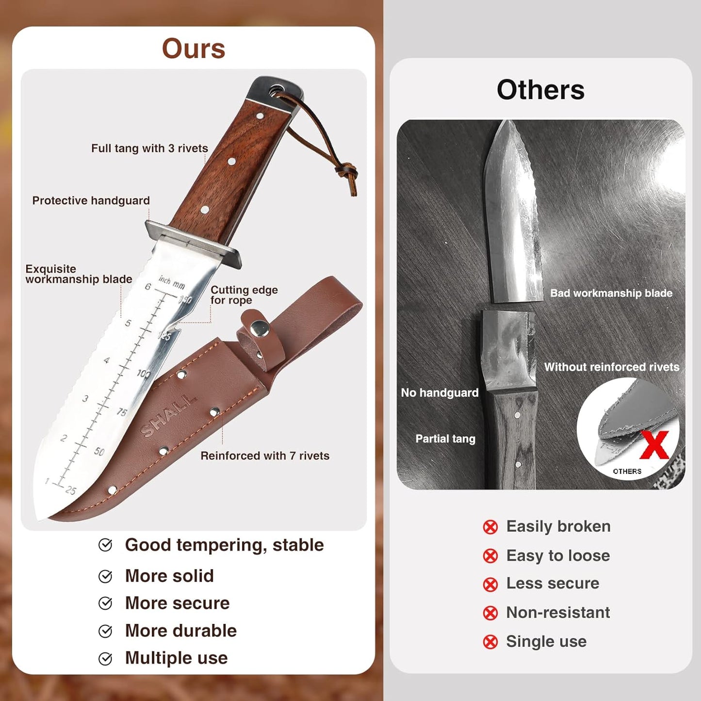 SHALL Hori Hori, Japanese Garden Knife, Soil Knife with Leather Sheath, Rosewood Handle & Hide Rope, 7” Stainless Steel Blade, Rope Cutting Edge, for Digging, Weeding, Planting, Full-Tang
