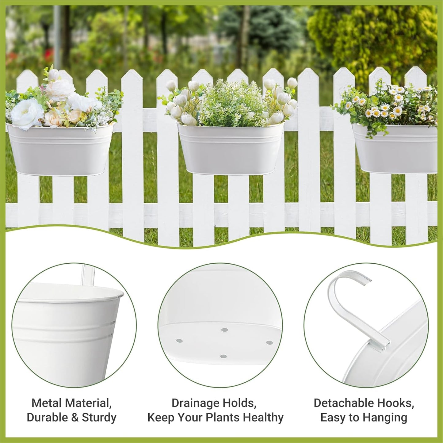 Dahey Metal Iron Hanging Flower Pots for Railing Fence Hanging Bucket Pots Countryside Style Window Flower Plant Holder with Detachable Hooks Home Decor,White,5 Pcs