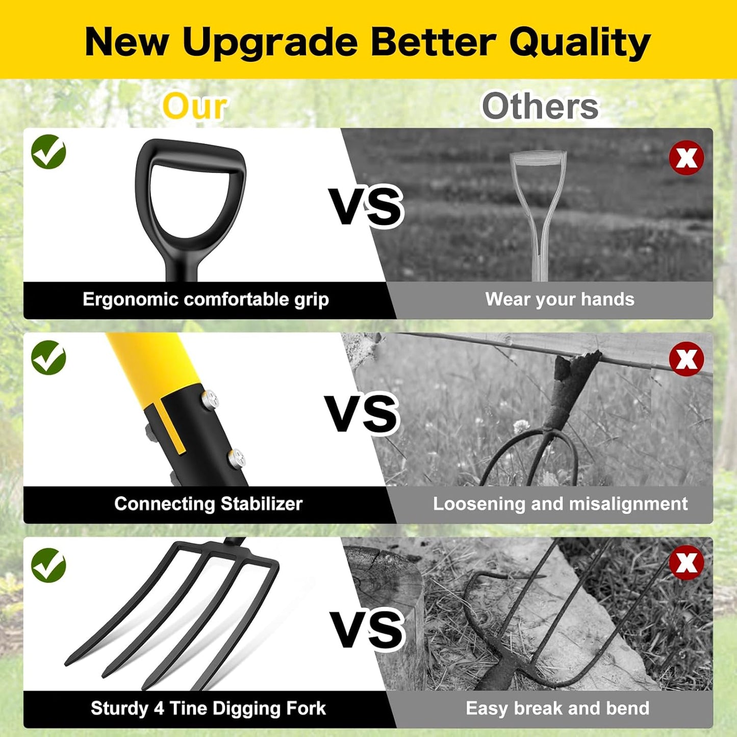 Pitch Fork, 4 Tine Heavy Duty Garden Fork with Ergonomic No-Slip D-Grip Handles, 45 Inches Long Handle Spading Fork, Perfect for Gardening Digging, Land Management, Yard work, Farming (Black)