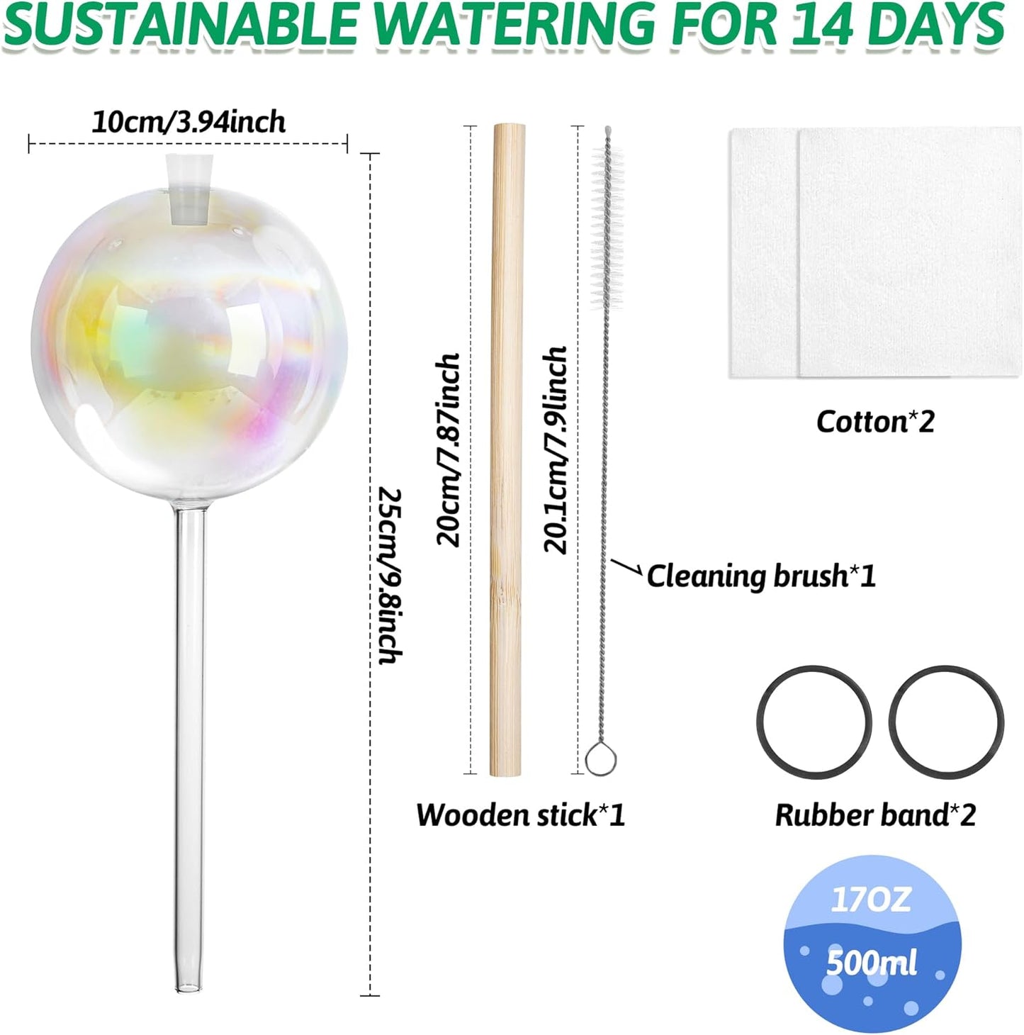 17 oz Up 2 Weeks Large Plant Watering Globes, Self Watering Planter Insert Iridescent Rainbow Self Watering Globes, Vacation Plant Watering Devices-Watering Bulbs for Indoor Outdoor (Large 2-Pack)