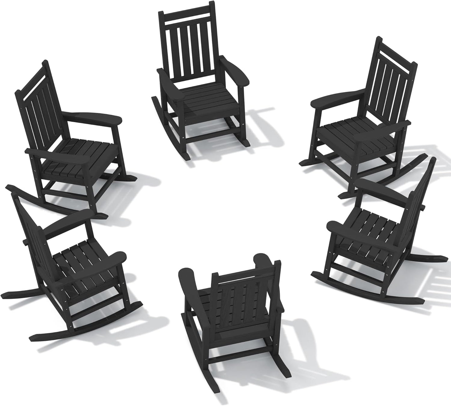 SERWALL HDPE Outdoor Rocking Chair Set of 6, Patio Rocking Chairs for Adults, All Weather Outdoor Rockers for Lawn, Black