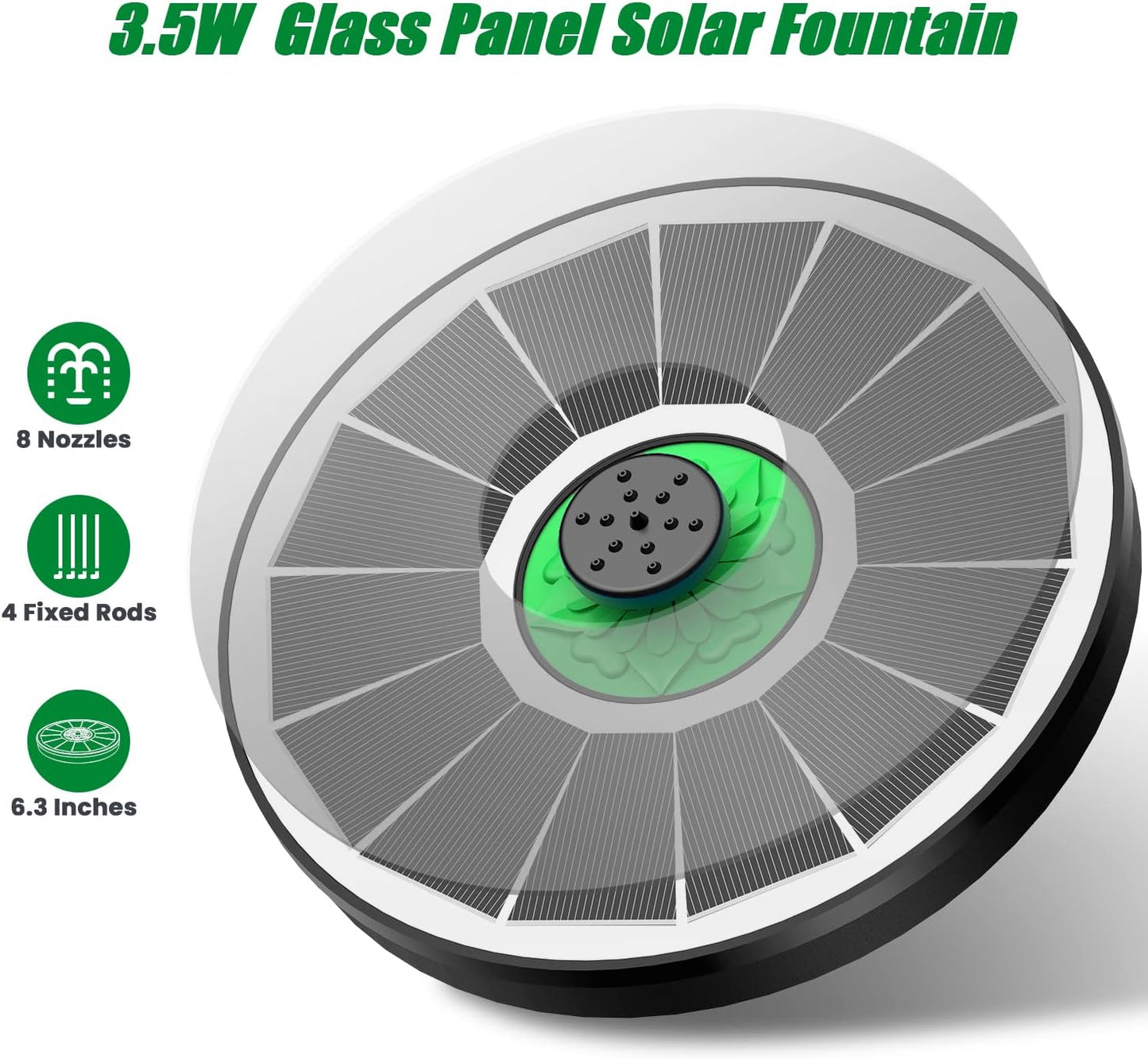 Solar Fountain for Bird Bath Glass - No Battery, 3.5W Solar Bird Bath Fountains Green Flower with 4 Fixed Rods & 7 Nozzles, Solar Powered Water Fountain for Bird Bath,Pond,Pool,Outdoor,Garden