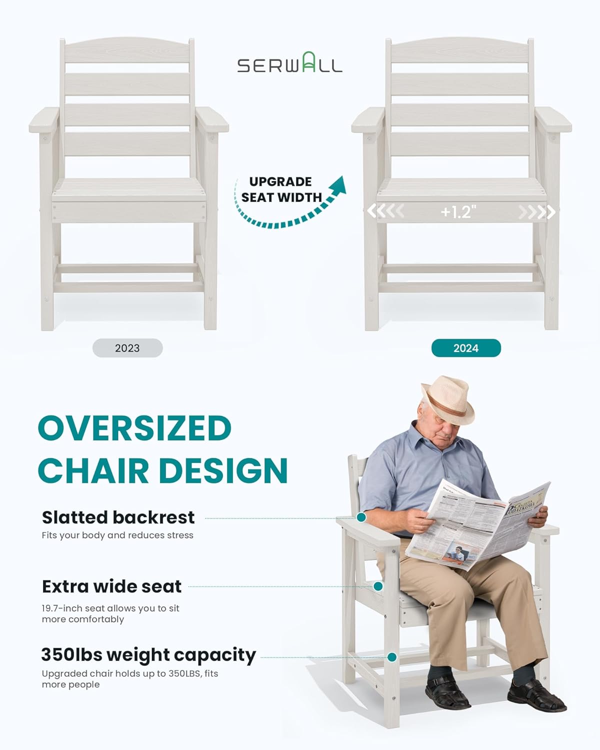 SERWALL Outdoor Dining Set for 6, HDPE Dining Furniture Set with Umbrella Hole Cut-Out Table and 1 Dining Bench and 4 Chairs, All Weather Outdoor Dining Bench Sets, White