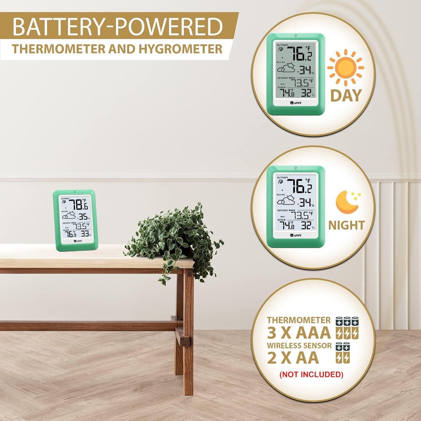 Indoor Outdoor Thermometer Wireless, Temperature Humidity Monitor Battery Powered Inside Outside Thermometers with 330ft Range Remote Sensor(Green)