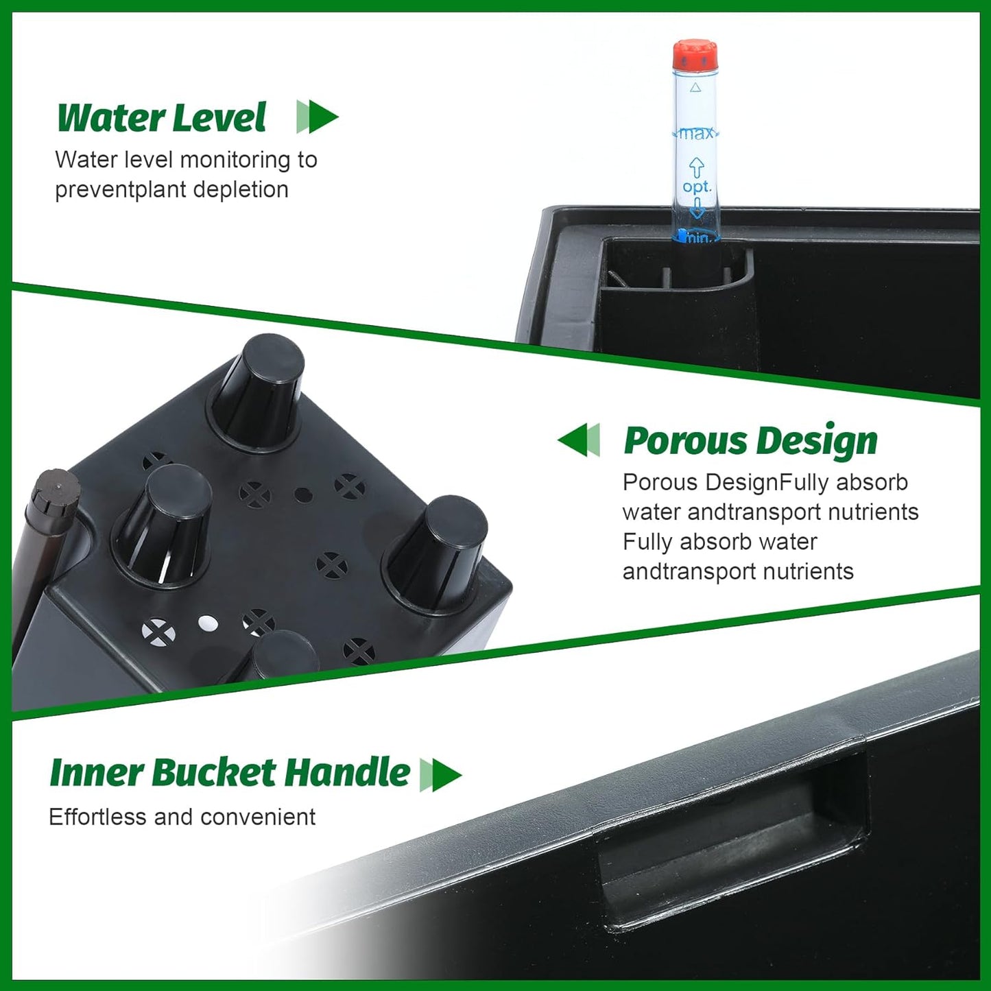 16" Tall Planters Set of 2, Outdoor＆Indoor Black Planter Pots, High Front Porch Planter Pots with Drainage Holes＆Water Level Monitor＆Inner Bucket, Automatic Watering,Black