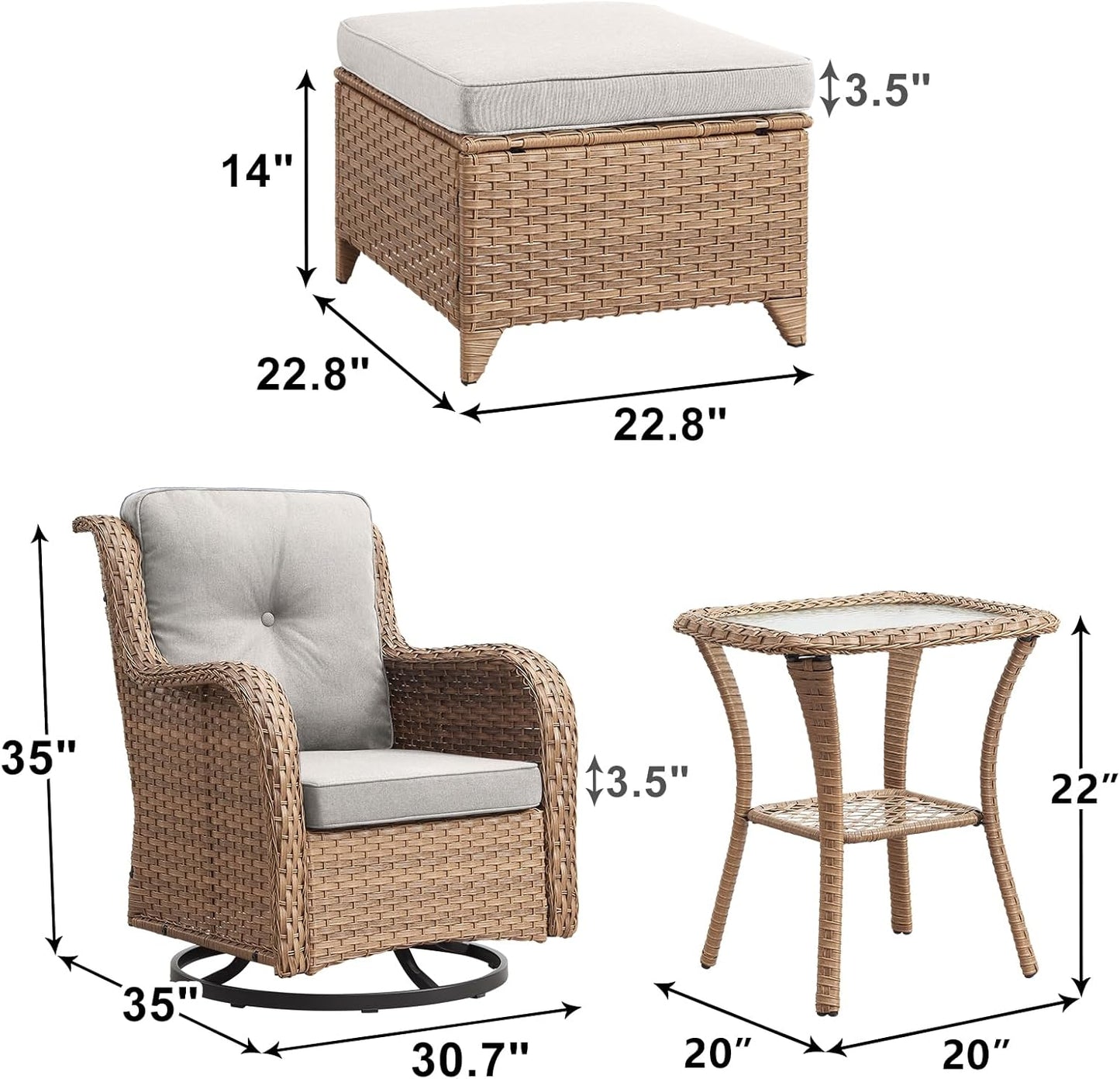 Outdoor Wicker Patio Furniture Set - 5 Pieces Rattan Patio Conversation Set with 2 Rocking Swivel Chairs,2 Ottomans and 1 Side Table for Porch Deck Backyard Garden(Yellow/Beige)