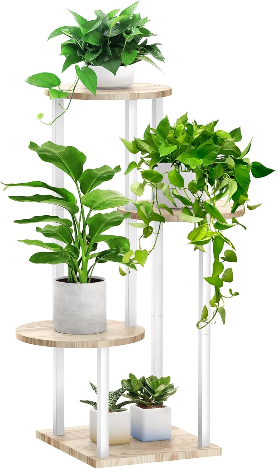 4 Tier White Metal Wooden Tall Plant Stand Indoor Shelf Flower Pot Holder for Multiple Plants, Corner Display Rack for Living Room Balcony Patio Garden