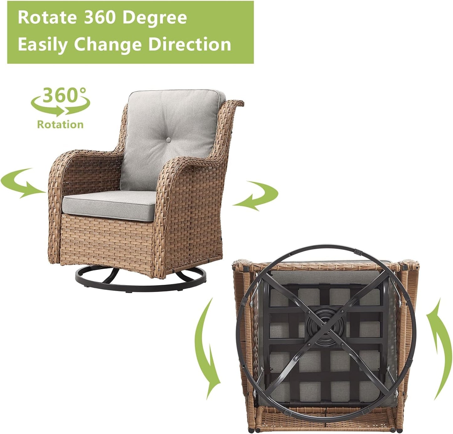 Outdoor Patio Swivel Rocker Chairs - Wicker Rattan Patio Swivel Rocking Chairs Set of 2 with High Back,Deep Seating and Comfort Cushions for Deck Porch Garden,Yellow/Beige