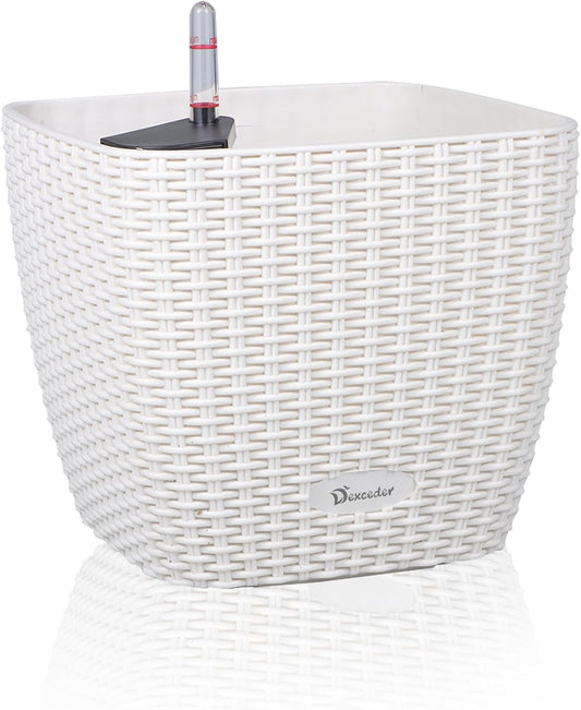 Dexceder 11x10 Self Watering Planter Indoor Outdoor, Inner Mat Design, Thickened Table Flower Plant Pot with Water Level Indicator (Ivory White Rattan)