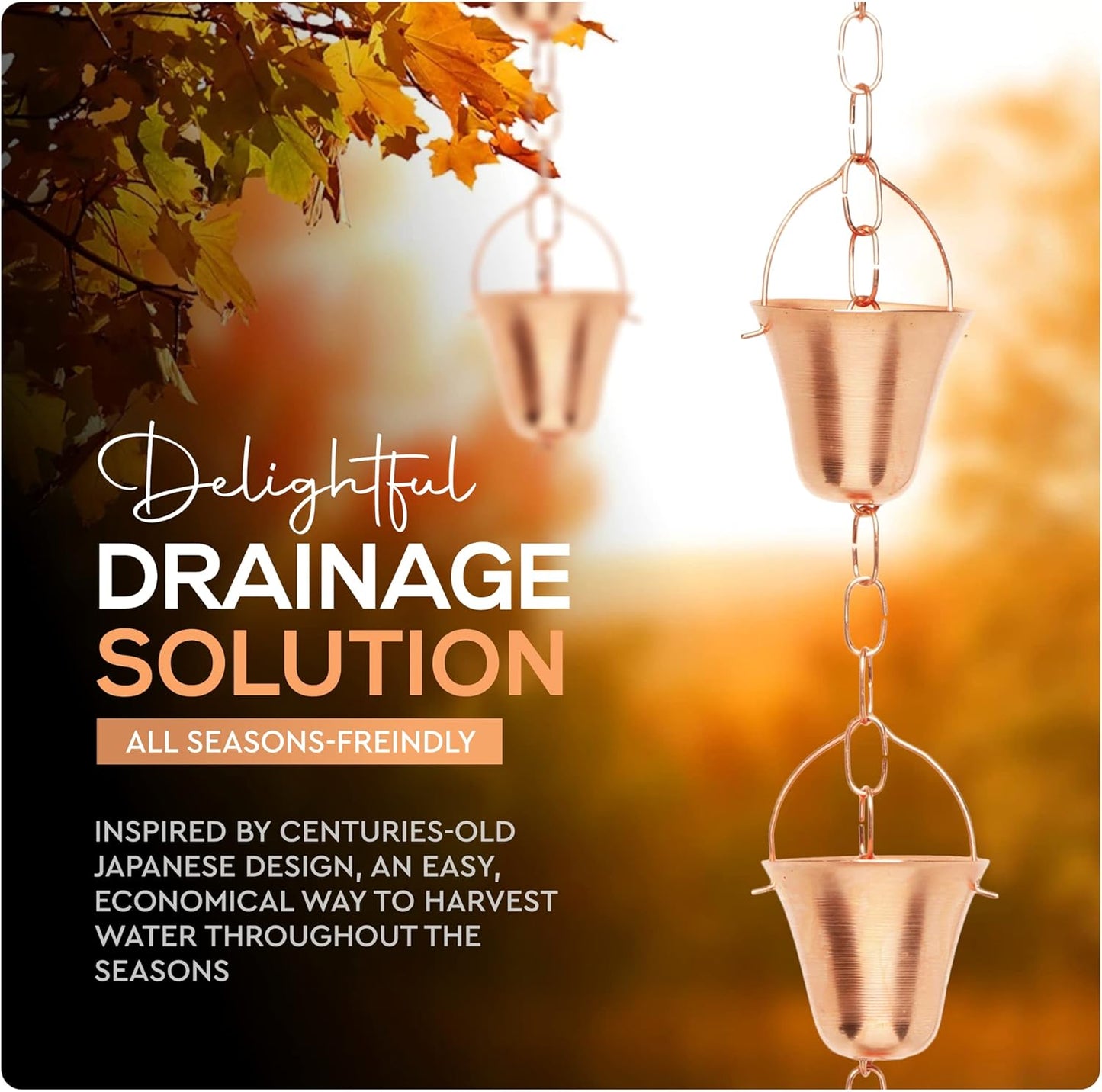 Copper Rain Chain – Decorative Chimes & Cups Replace Gutter Downspout & Divert Water Away from Home for Stunning Fountain Display – 6.5’ Long for Universal Fit – Bell Style