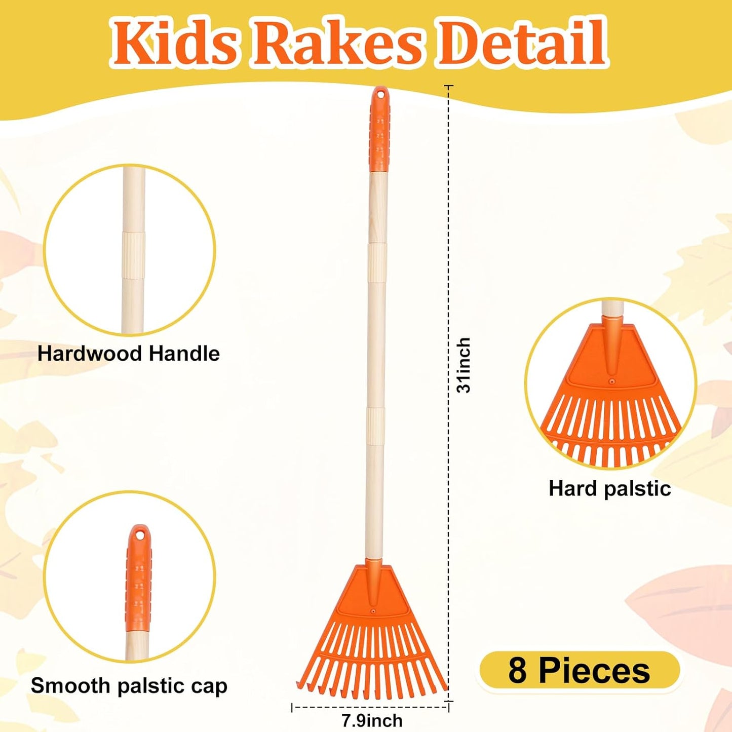 Therwen 8 Pcs Kids Rake 31" Child Size Plastic Lawn Rakes for Leaves Small Rake with Plastic Head and Wooden Handle Toddler Kid Gardening Tools for Leaves Gardening Camping(Orange)